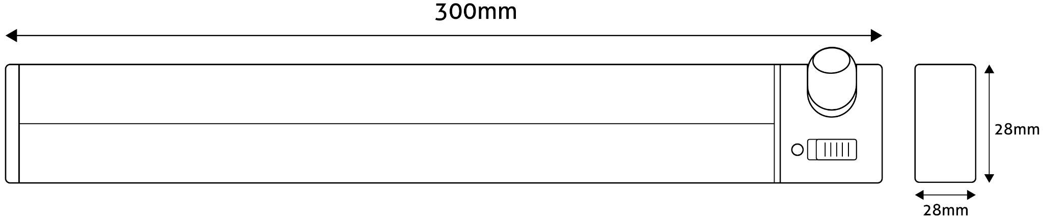 Technische Zeichnung eines zylindrischen Objekts mit einer Länge von 300 mm und einem Durchmesser von 28 mm, Knopf und Schalter rechts.