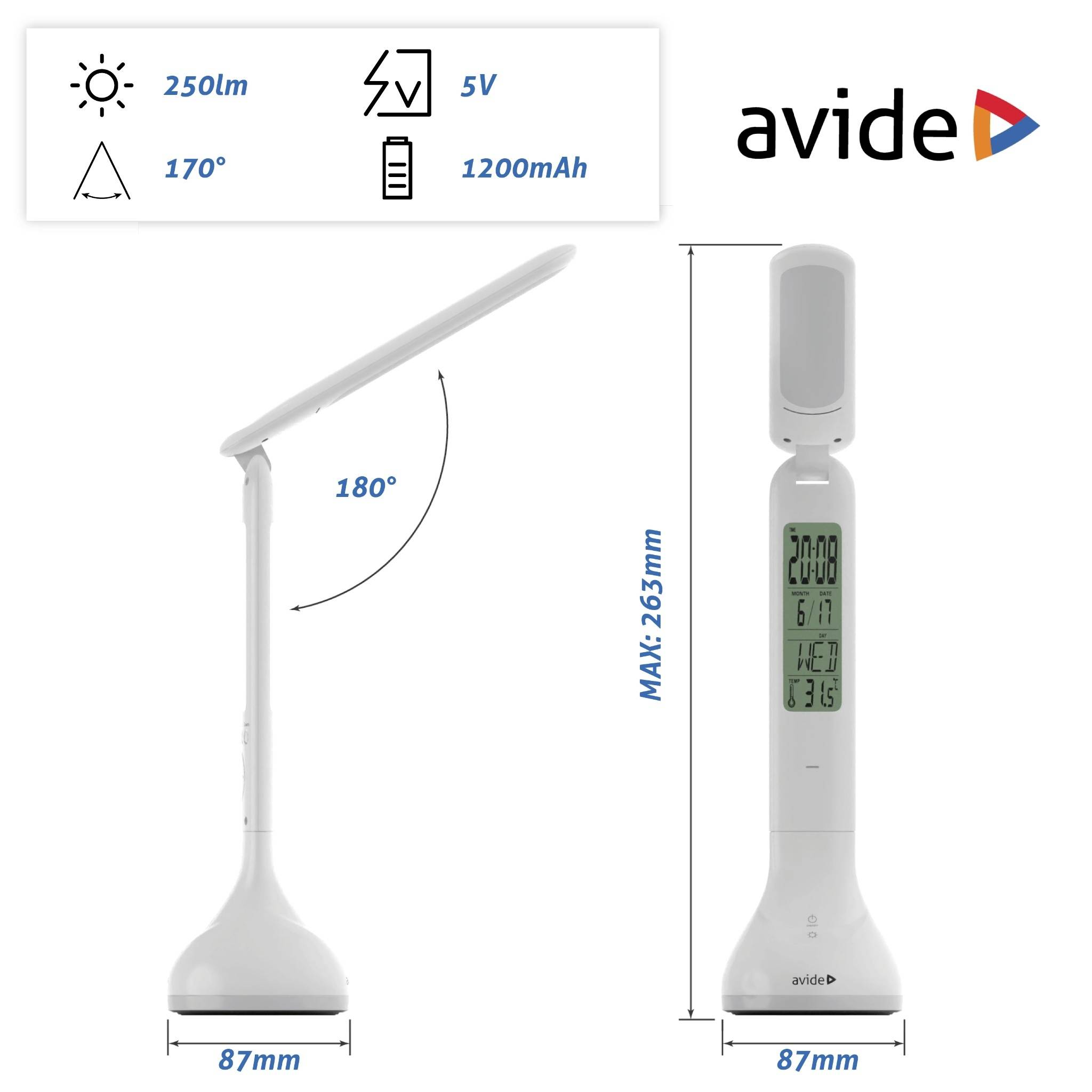 Eine weiße LED-Tischlampe mit Anzeige für Zeit, Datum und Temperatur. Spezifikationen: 250 Lumen, 5V, 1200mAh. Drehwinkel 170°/180°.