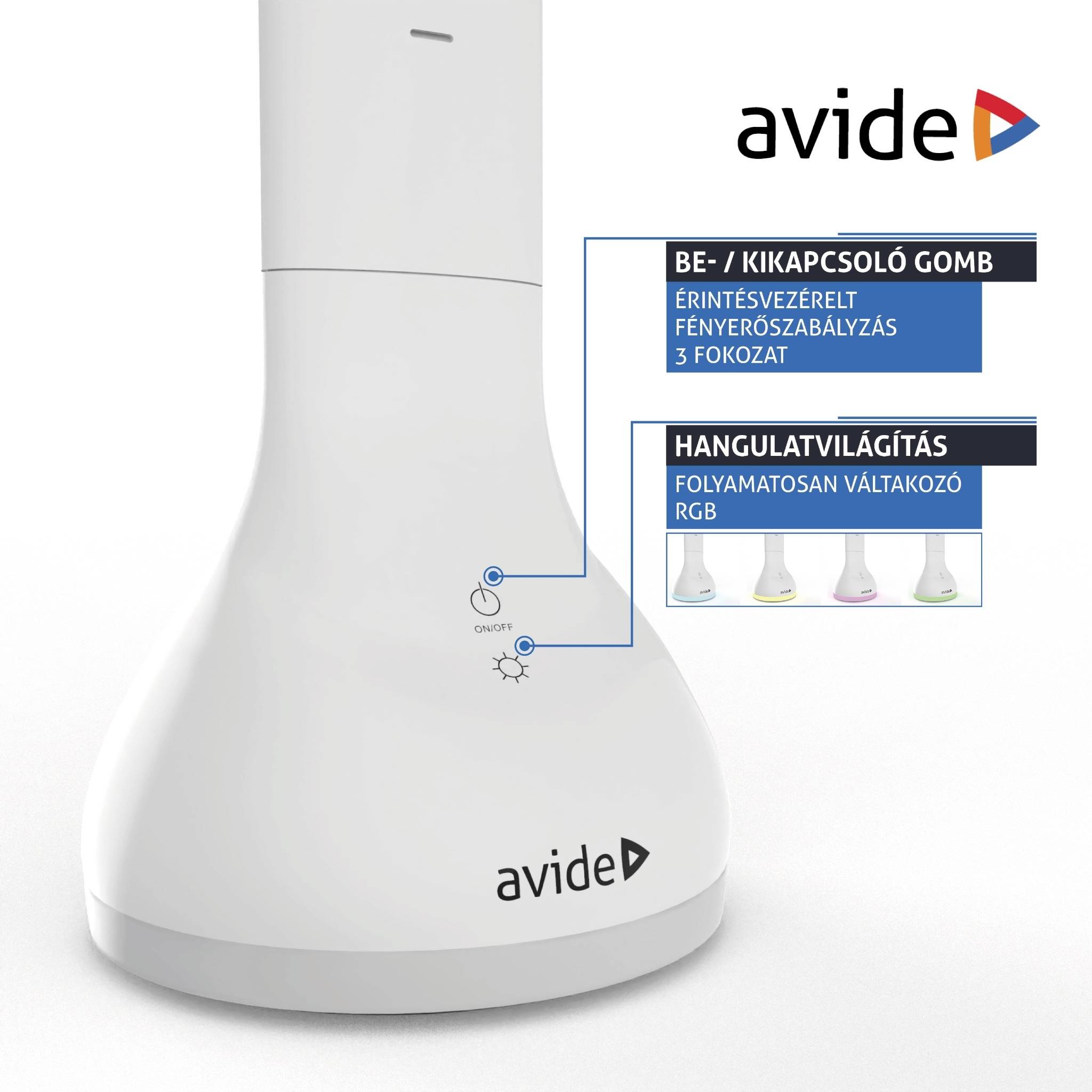 Tischlampe mit Touch-Bedienung für Lichtregelung. Drei Helligkeitsstufen. RGB-Stimmungslicht. Marke: Avide.