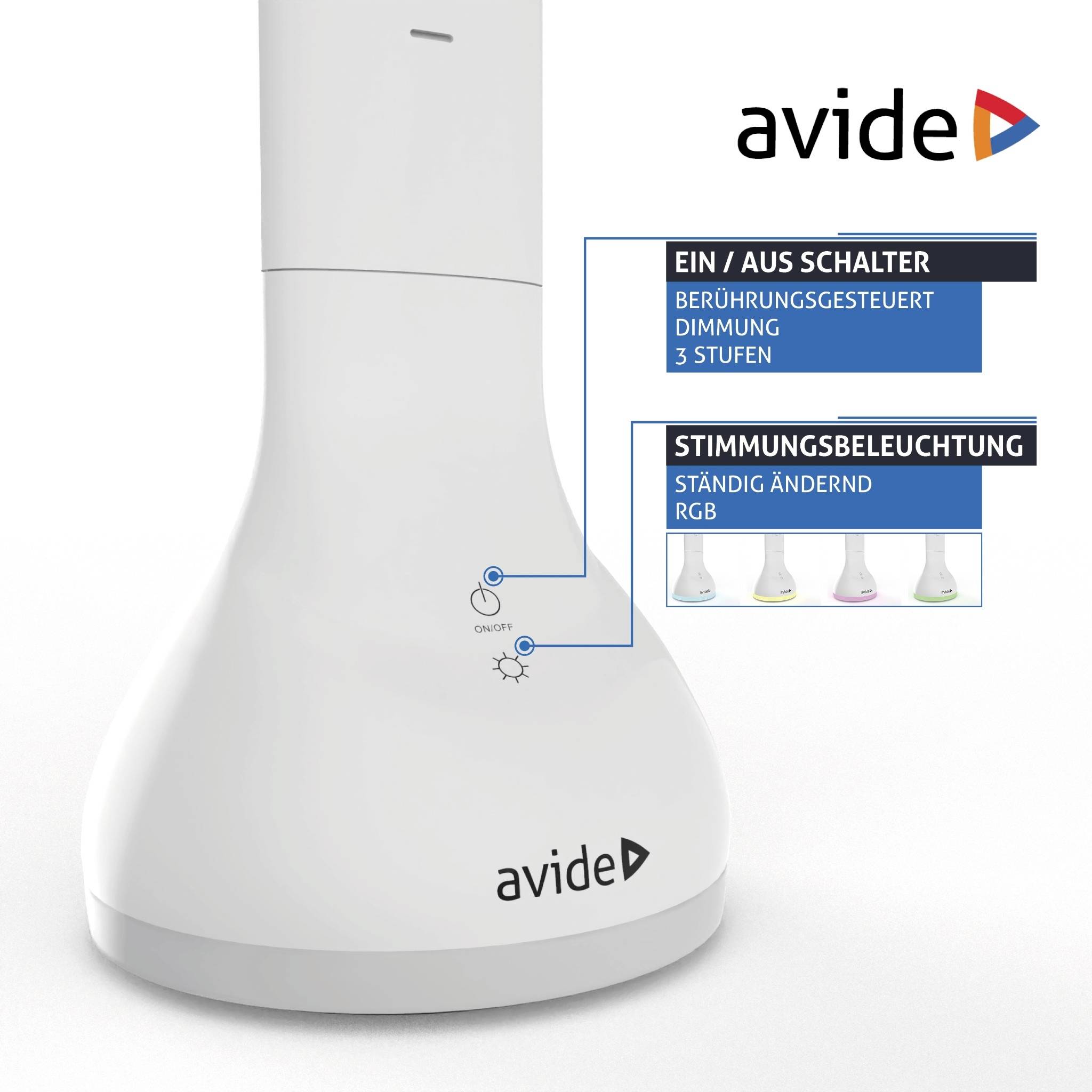 Weiße Avide-Lampe mit Touch-Dimmer, 3 Stufen und RGB-Stimmungsbeleuchtung. Ein-/Ausschalter und wechselnde Farbmodi dargestellt.