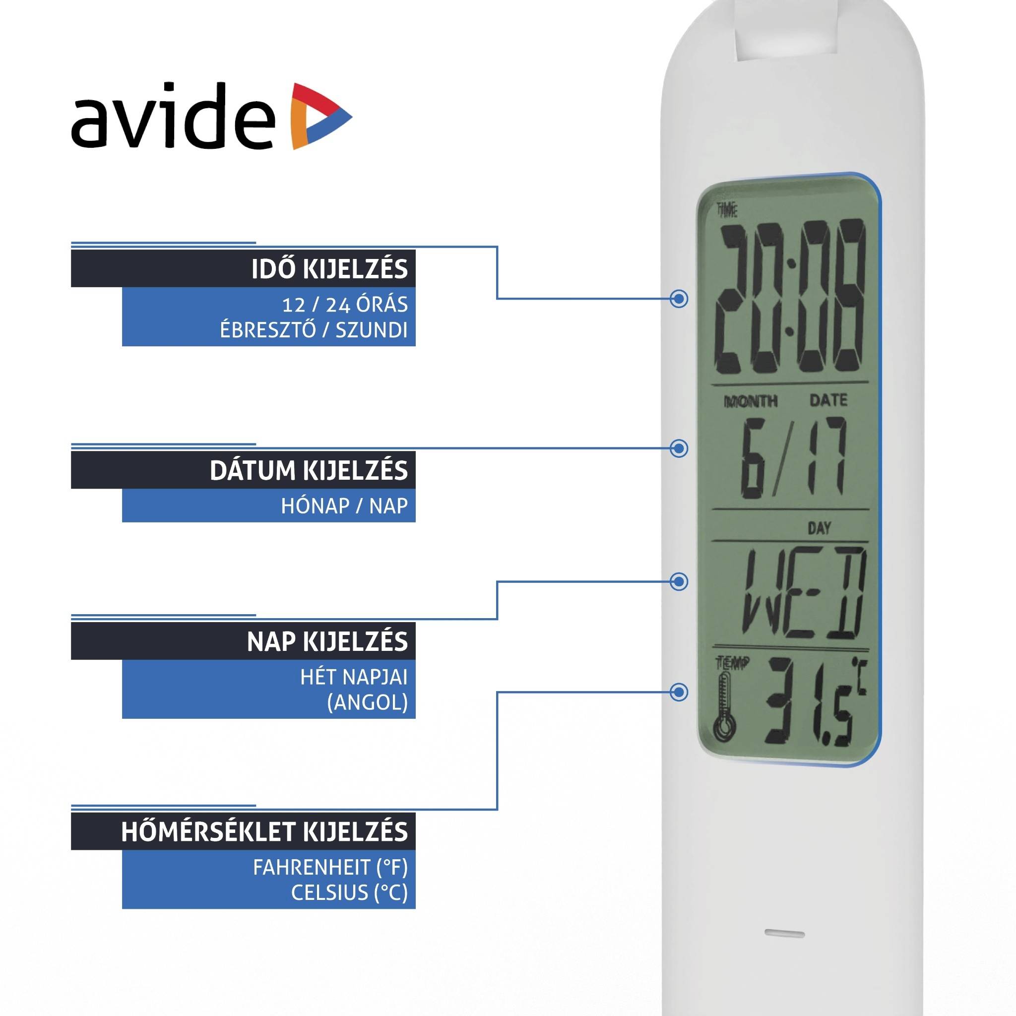 Eine digitale Uhr zeigt 20:08 an, mit Datum, Wochentag und Temperatur von 31,5 °C. Text auf Ungarisch beschreibt die Funktionen.