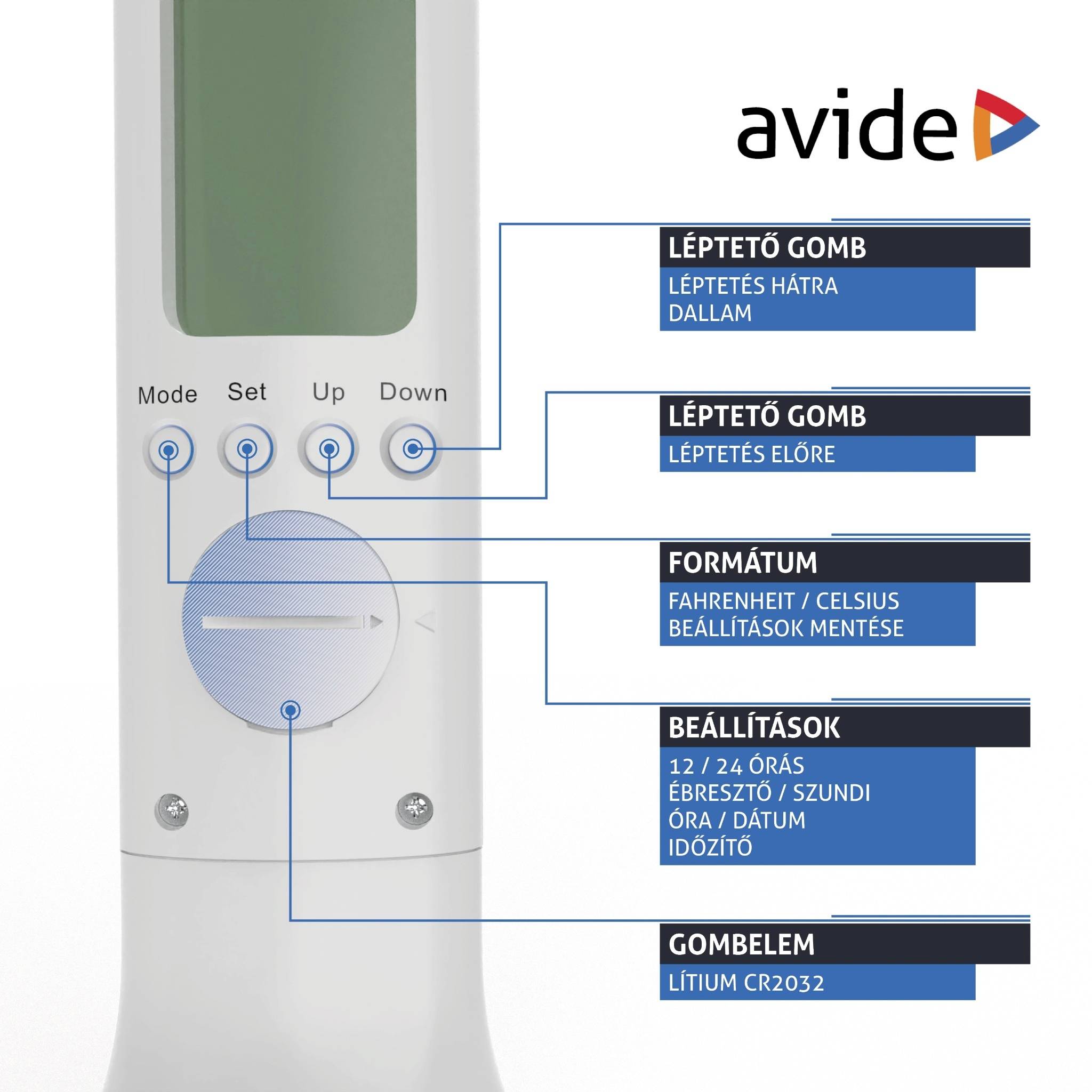 Fernbedienung von Avide mit Tasten für 'Mode', 'Set', 'Up', 'Down'. Funktionen: Timer, Datumsanzeige, Temperatur in Celsius/Fahrenheit. Batterietyp: Lithium CR2032.