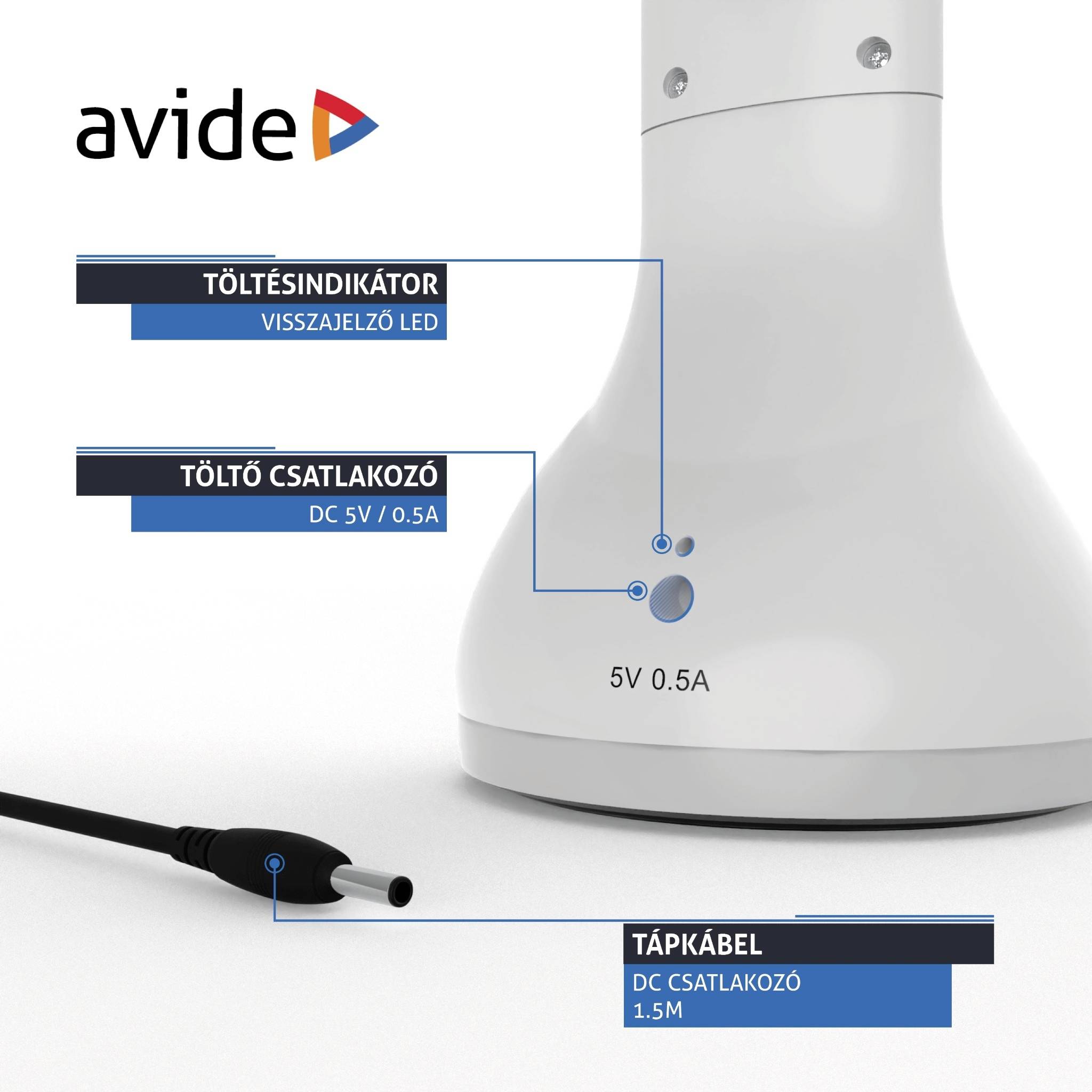 'Avide' Gerät mit Lade- und Rückmelde-LED, 5V / 0,5A Anschluss. Zeigt Stromkabel und DC-Steckplatz.