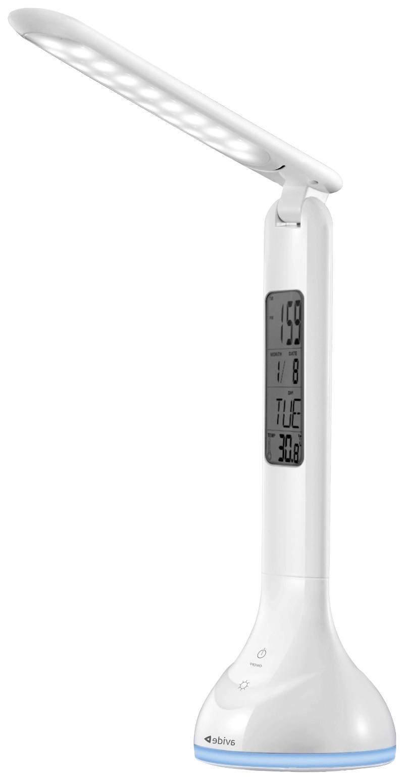 Eine weiße LED-Schreibtischlampe mit digitalem Display zeigt Uhrzeit, Datum, Temperatur an. Die Lampe hat einen biegsamen Hals.