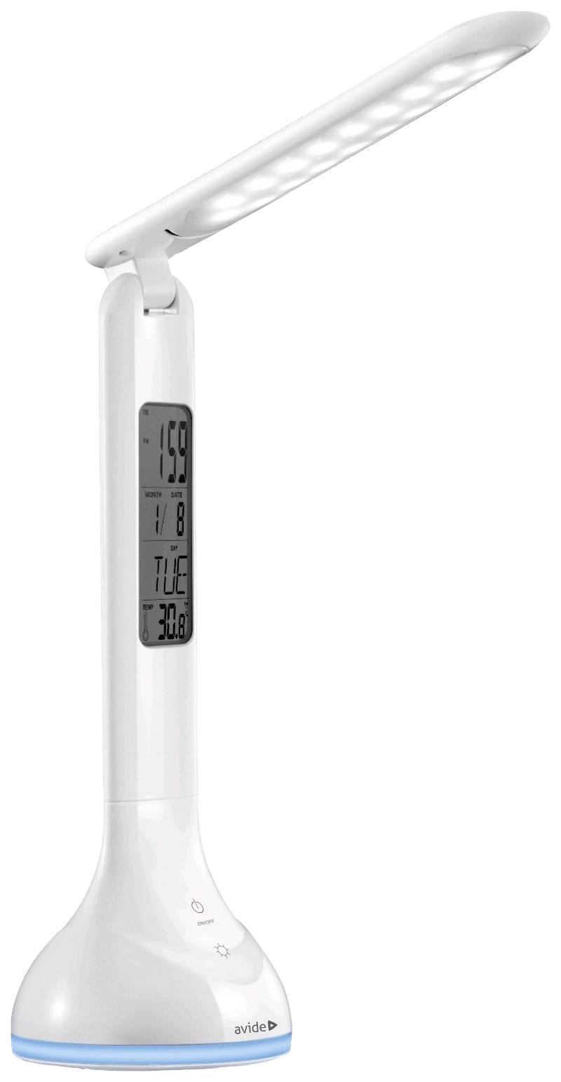 Eine weiße LED-Schreibtischlampe mit flexiblem Arm, digitalem Display für Uhrzeit, Datum, Temperatur und einem blauen Einschaltknopf.