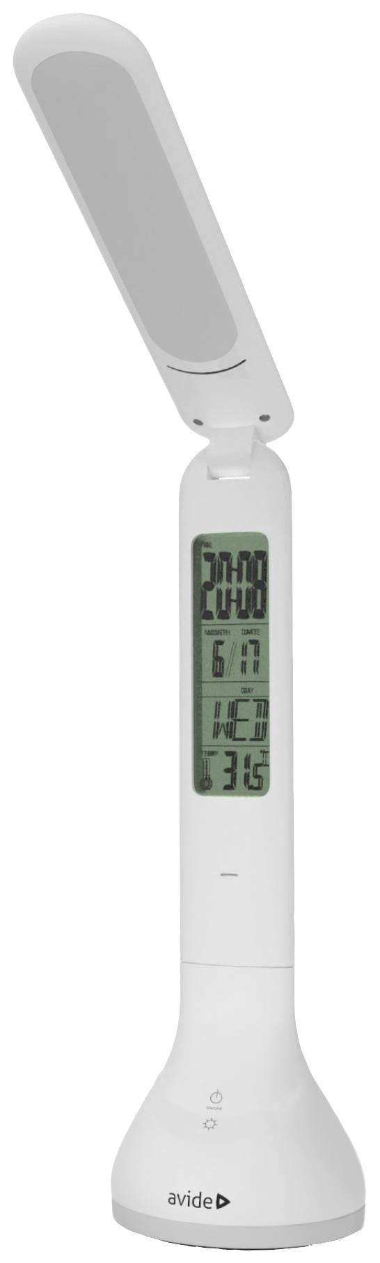 Weiße LED-Schreibtischlampe mit digitalem Display, zeigt Uhrzeit, Datum, Wochentag und Temperatur.