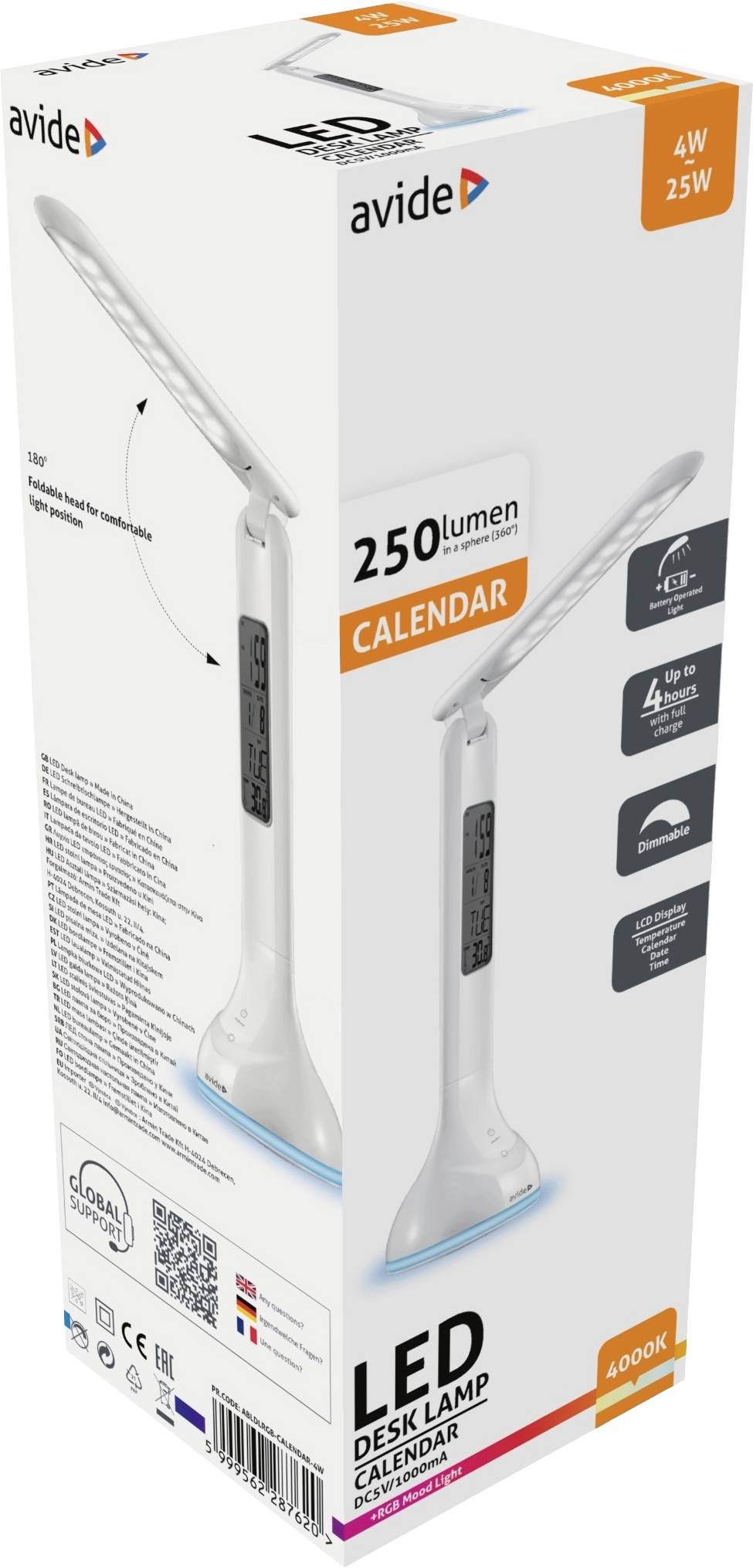 Avide LED-Schreibtischlampe mit Kalender, 4W, 25W Ersatz, 250 Lumen, energiesparend, 4 Lichtmodi, USB-Ladestation, 4000K, weiß.