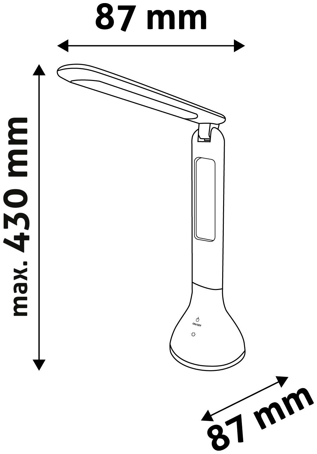 Liniendiagramm einer Schreibtischlampe mit Maßen: Höhe maximal 430 mm, Breite und Tiefe jeweils 87 mm.