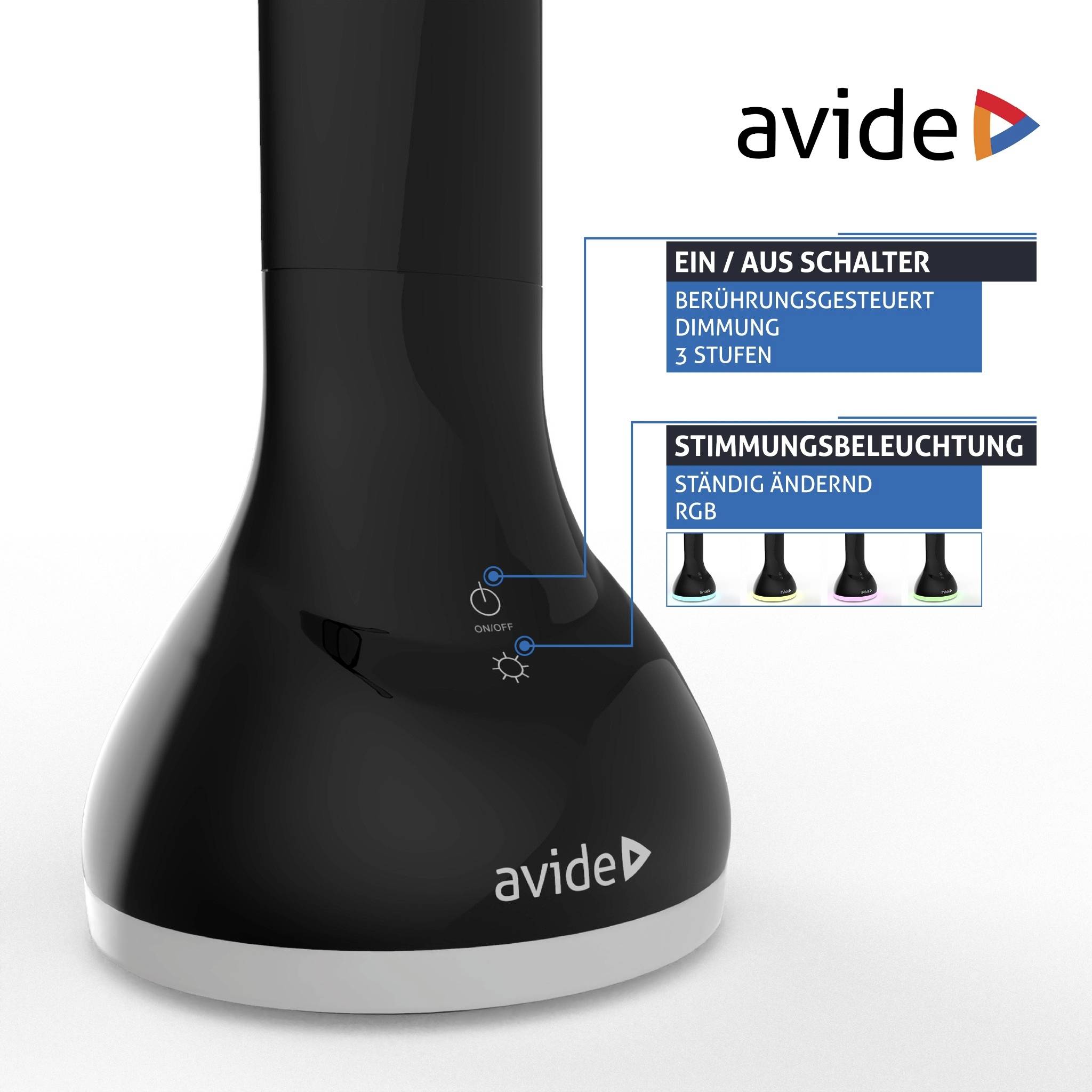 Digitale Lampe mit RGB-Funktion und Touch-Bedienung. Enthält Ein/Aus-Schalter und drei Dimmstufen. Logo 'avide' sichtbar.