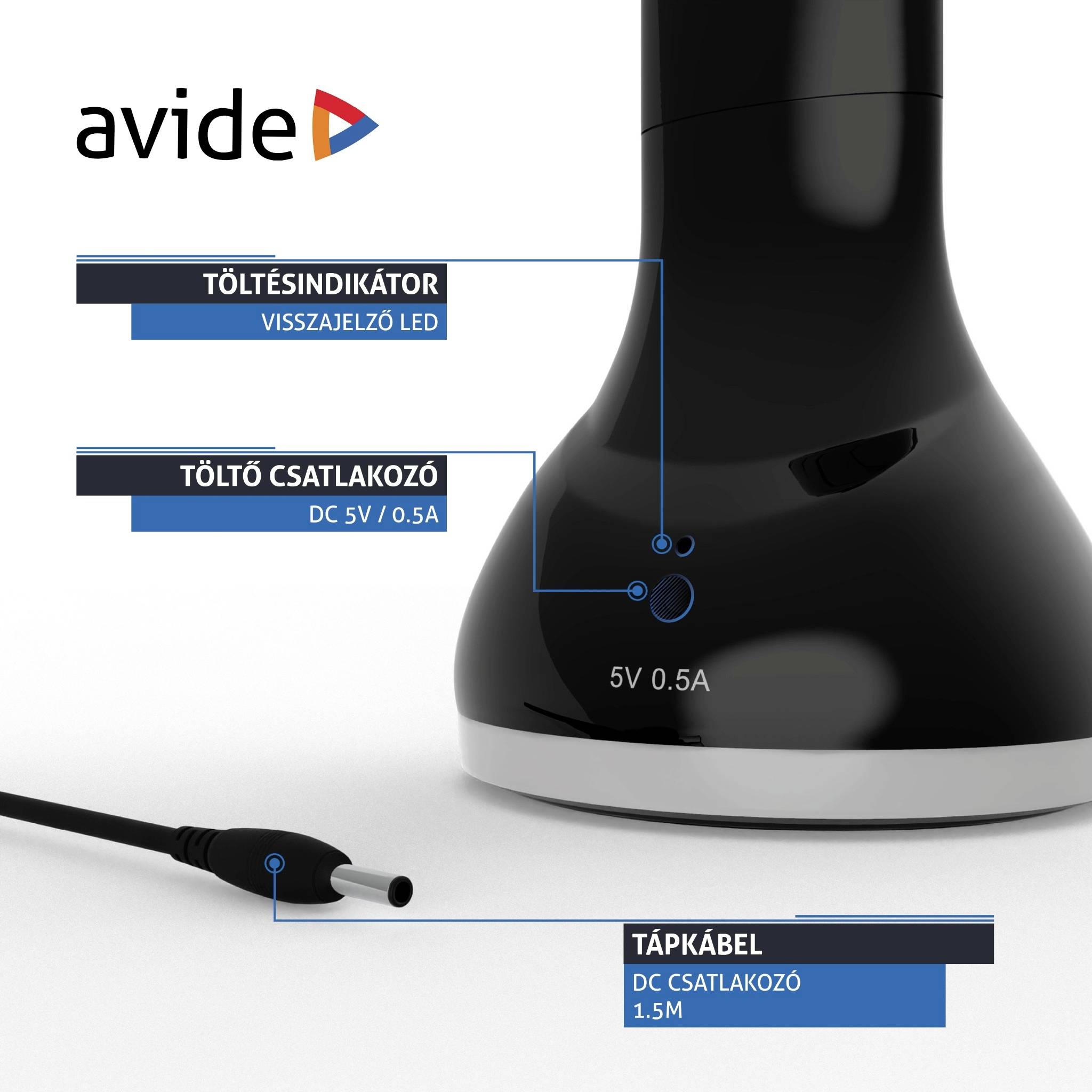 Schwarze LED-Lampe mit Ladeindikator und TÁPKÁBEL-Anschluss für DC 5V/0,5A. Marke: avide.