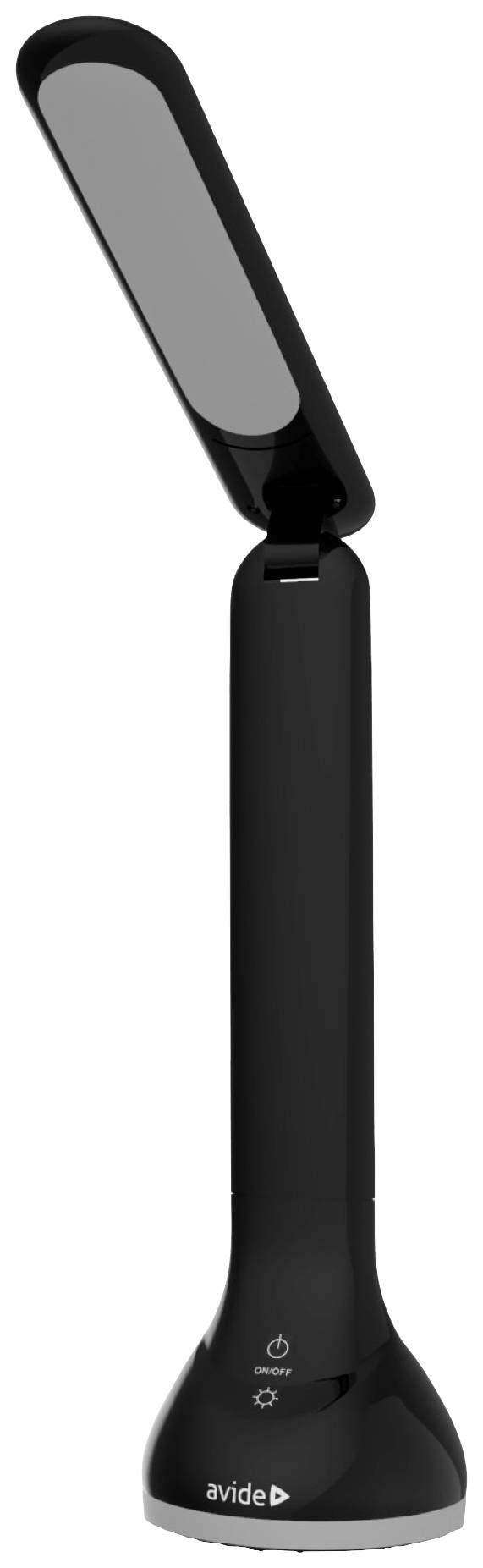 Ein schwarzer, moderner Tischleuchte mit schwenkbarem Lampenarm und Touch-Bedienelementen auf dem Sockel.