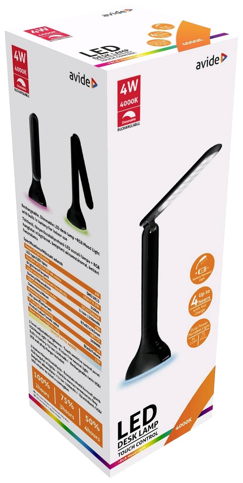 LED-Schreibtischlampe mit Touch-Steuerung, 4W, 4000K, blendfreies Licht, Energieeinsparung, lange Lebensdauer. Verpackung zeigt das Lampenbild und technische Details.