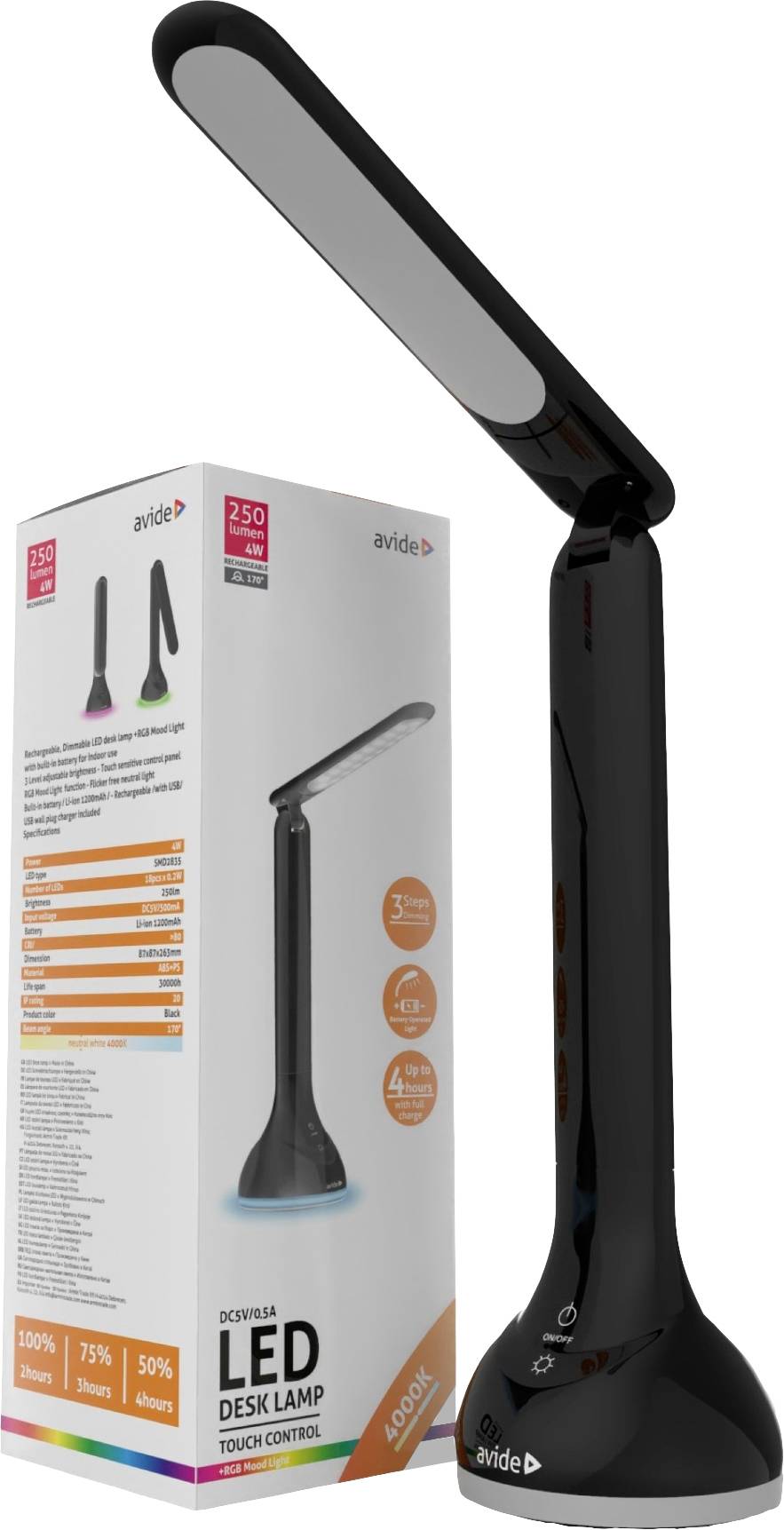 Moderne schwarze LED-Schreibtischlampe mit Touch-Bedienung und verstellbarem Arm. Verpackung zeigt Funktionen und Produktbild.