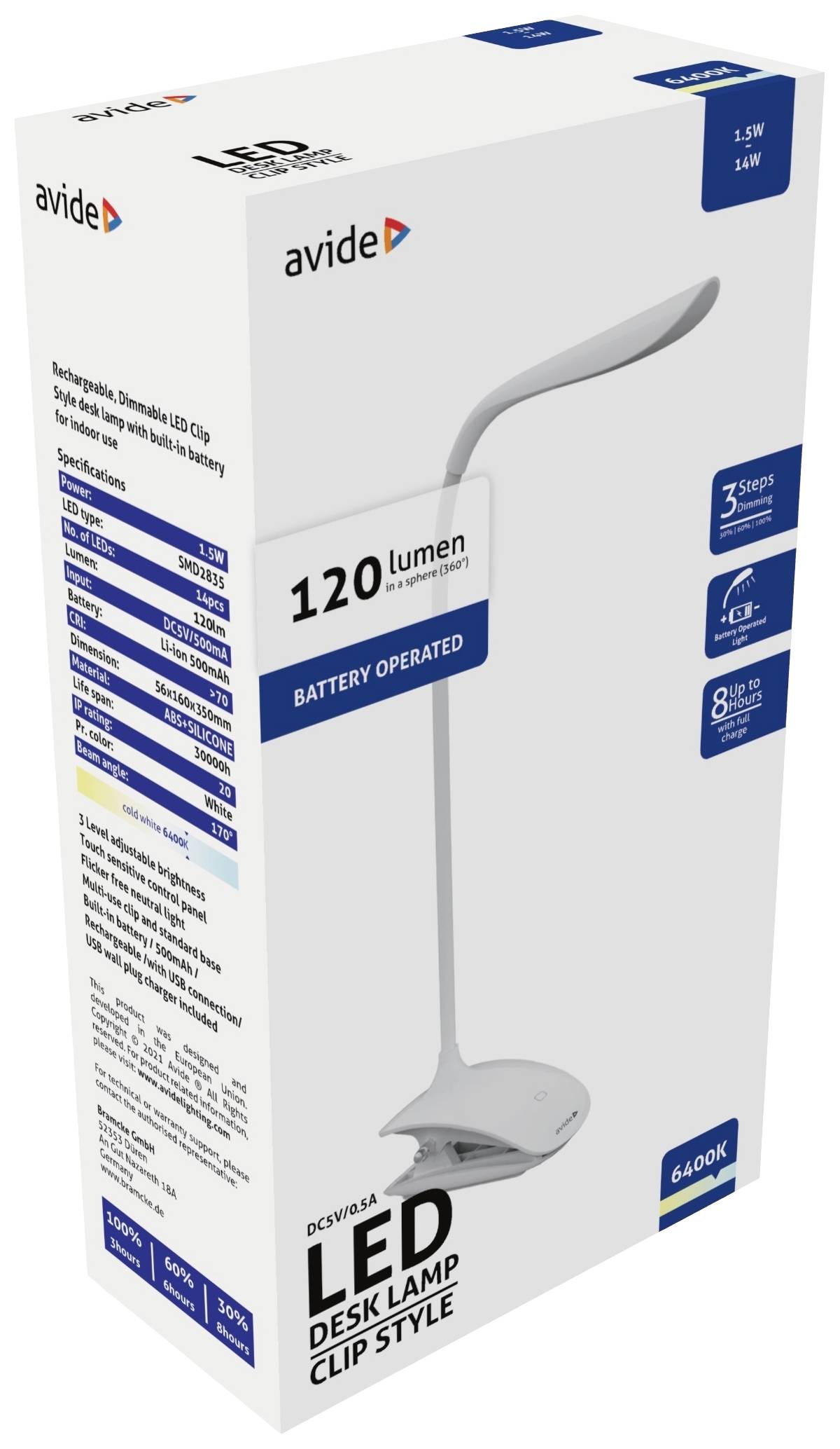 Verpackung einer LED-Schreibtischlampe von Avide. 120 Lumen, batteriebetrieben, Klemmbefestigung, 3 Lichtstufen, 6400K Farbtemperatur.