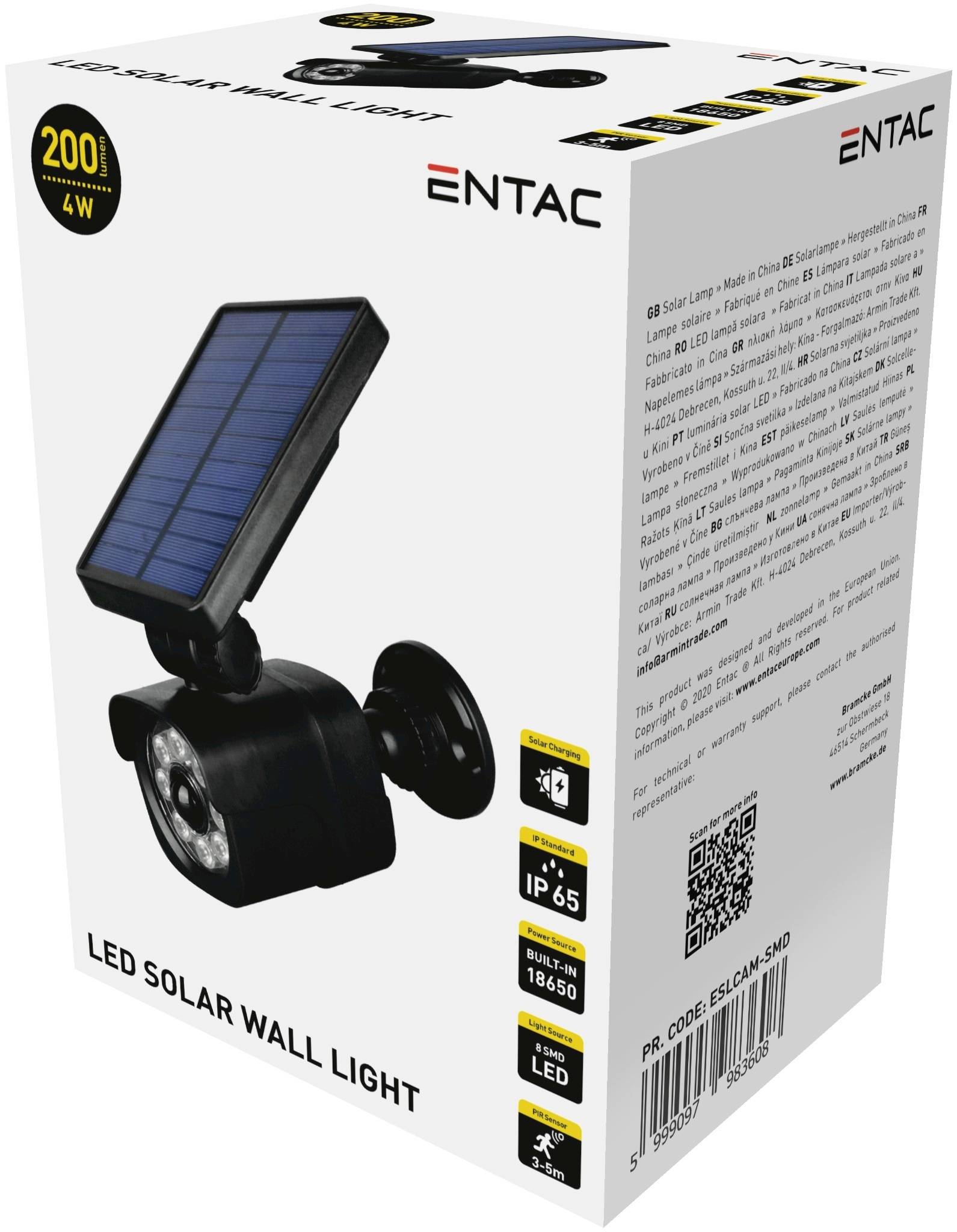 Kartonschachtel mit LED-Solar-Wandleuchte, Markenname 'ENTAC', Sonnensymbol, 4W, 200 Lumen-Helligkeit, IP65-Wasserschutz.