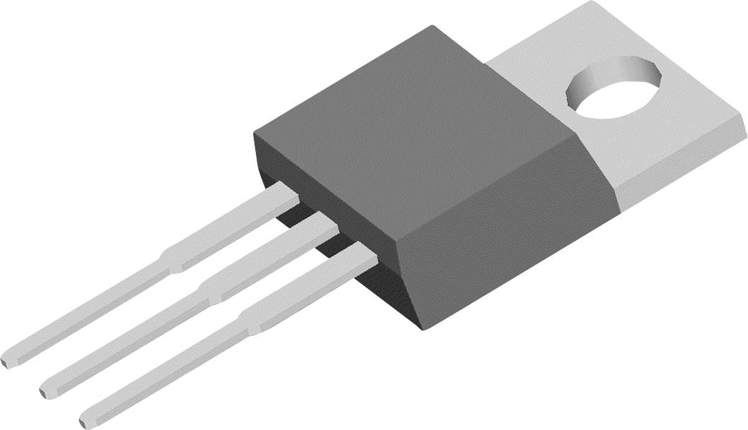 Ein dreipoliger elektronischer Halbleiterbauteil, wahrscheinlich ein Transistor oder Spannungsregler, mit flachem Metallgehäuse.