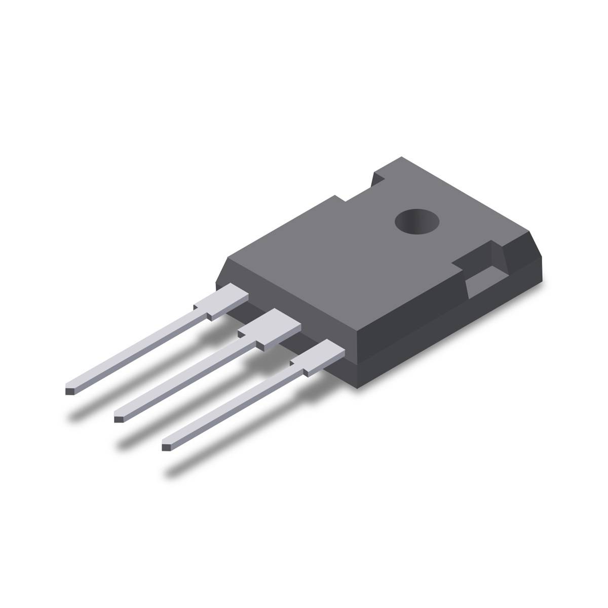 Ein grauer, dreipoliger Transistor mit Metallpins, dargestellt aus einer leicht seitlichen Perspektive.