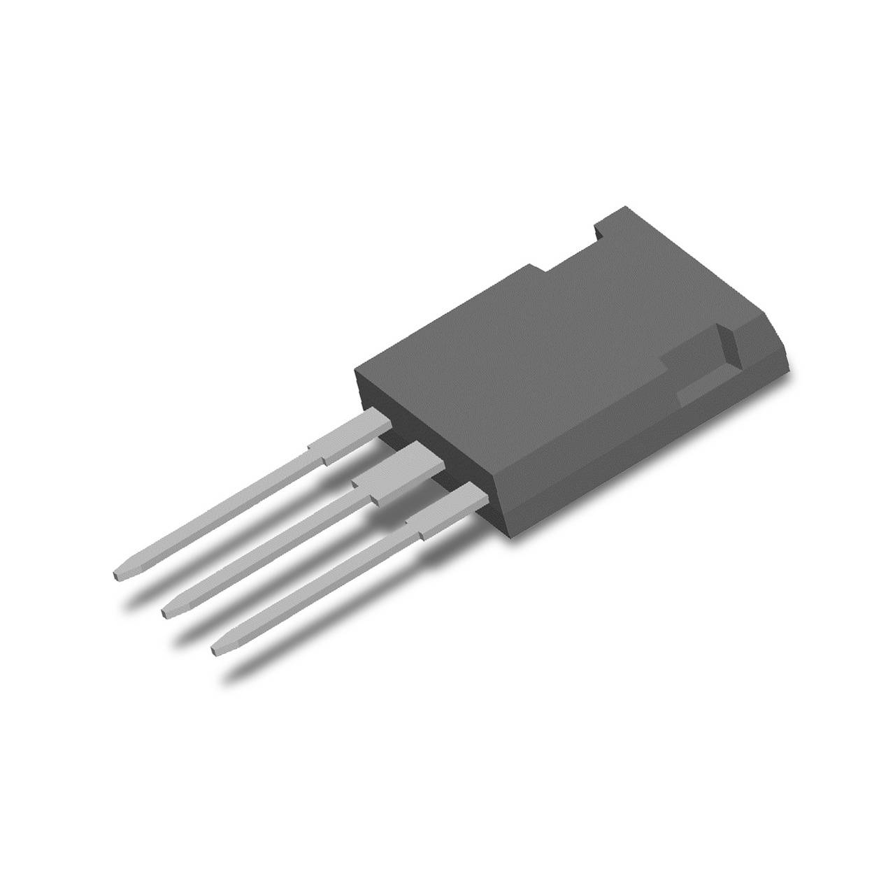 Ein elektronisches Bauteil mit vier Metallpins, vermutlich ein Transistor oder Spannungsregler, in schwarzem Gehäuse.