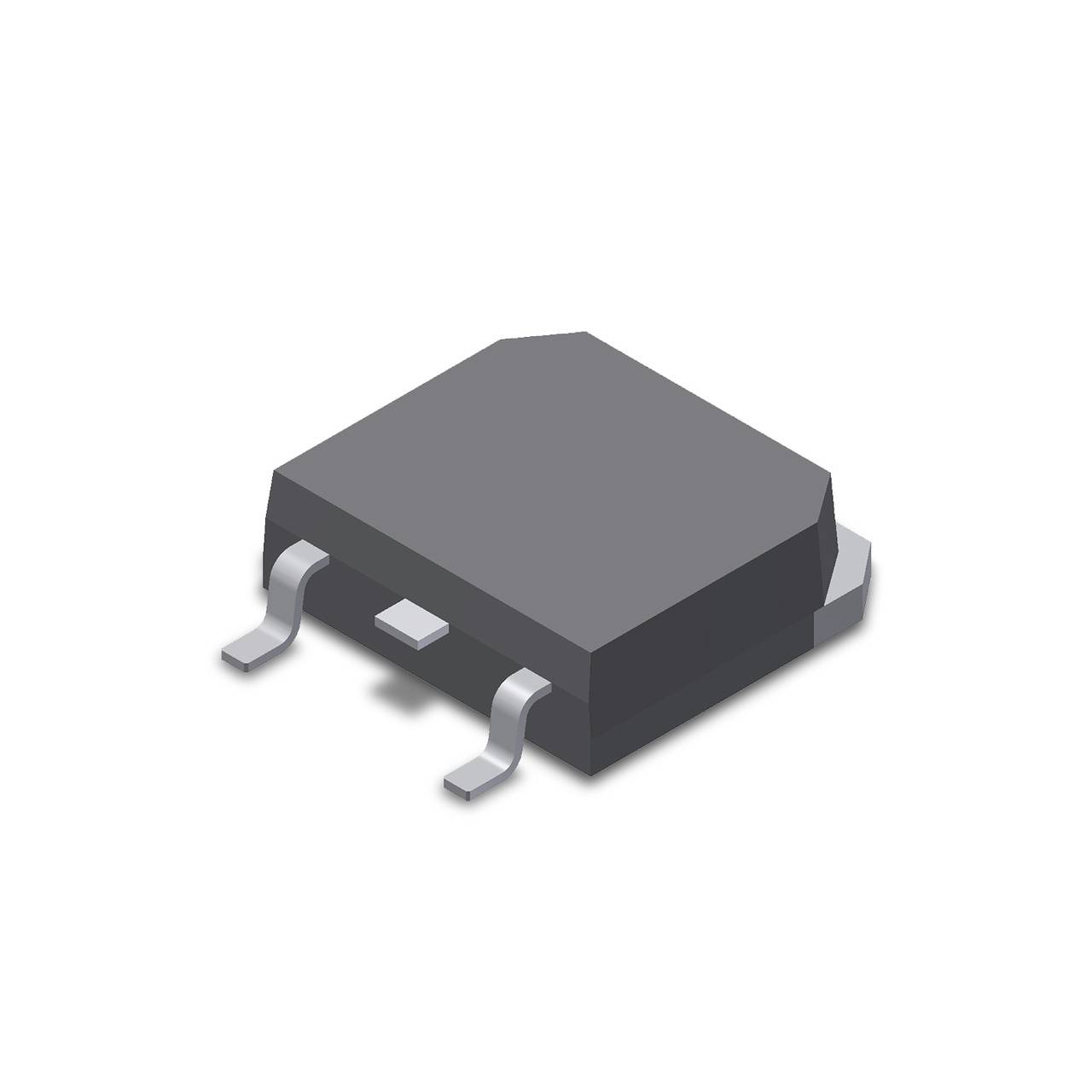 Ein graues, elektronisches Bauteil in rechteckiger Form mit drei Anschlussbeinchen.