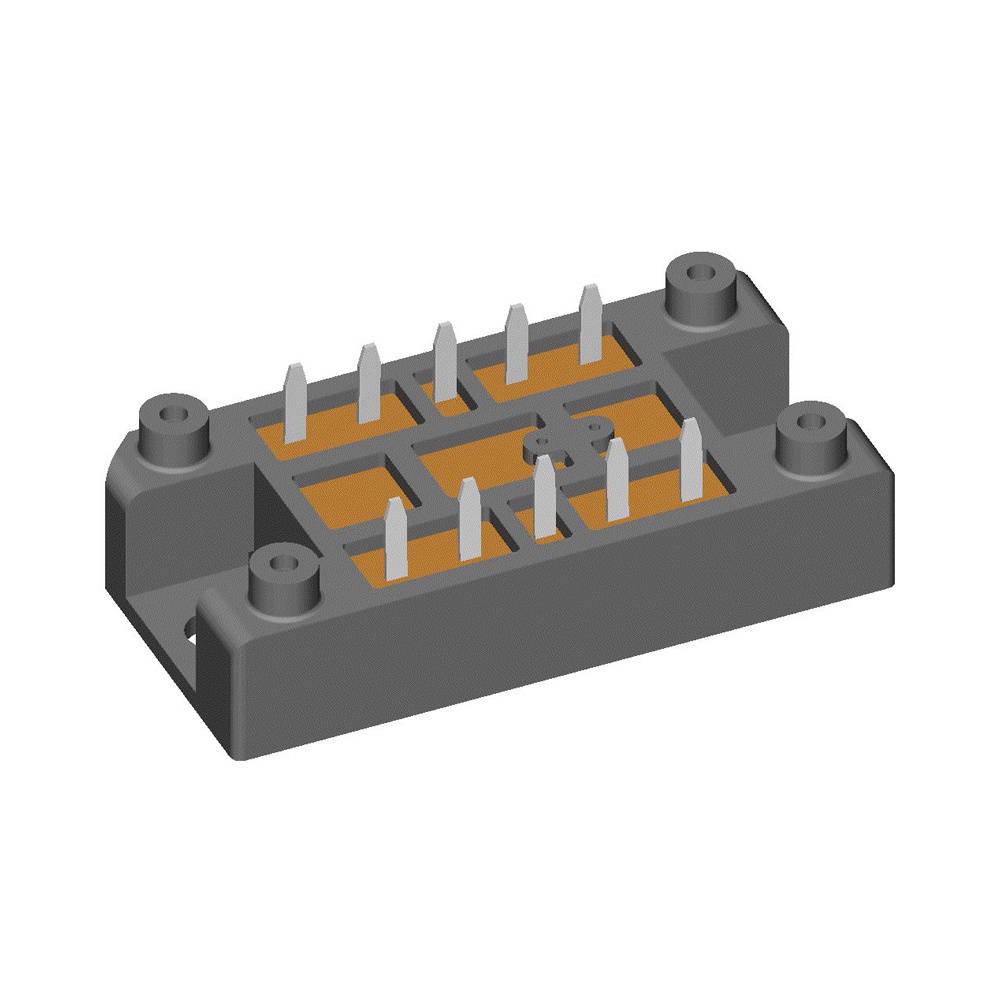 Gehäuse eines Leistungshalbleitermoduls mit Pins und Befestigungslöchern, geeignet für Stromfluss in elektrischen Anwendungen.