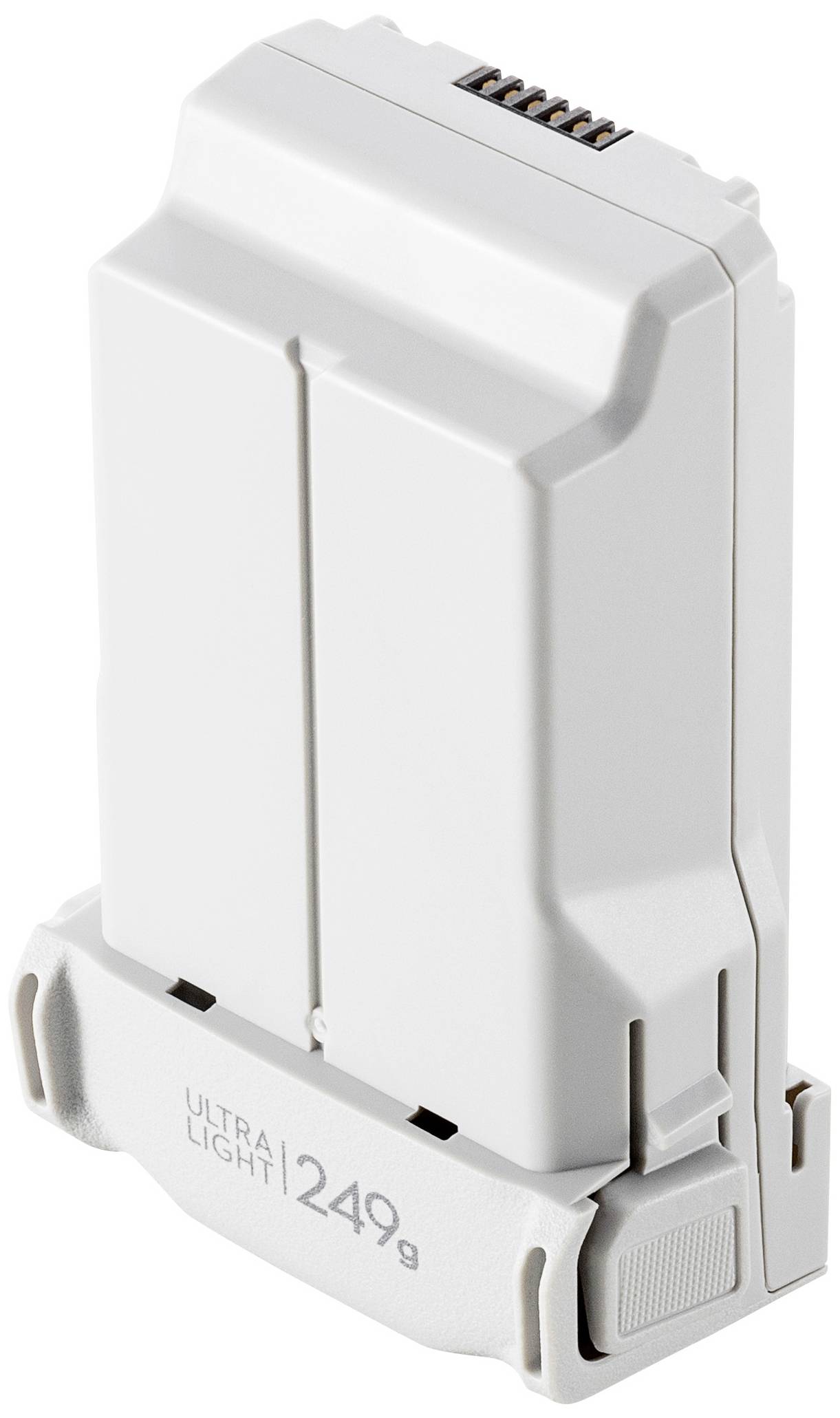 Eine weiße Drohnenbatterie mit der Aufschrift 'Ultra Light 249g'. Die Batterie hat Anschlüsse oben und einen Entriegelungsmechanismus.