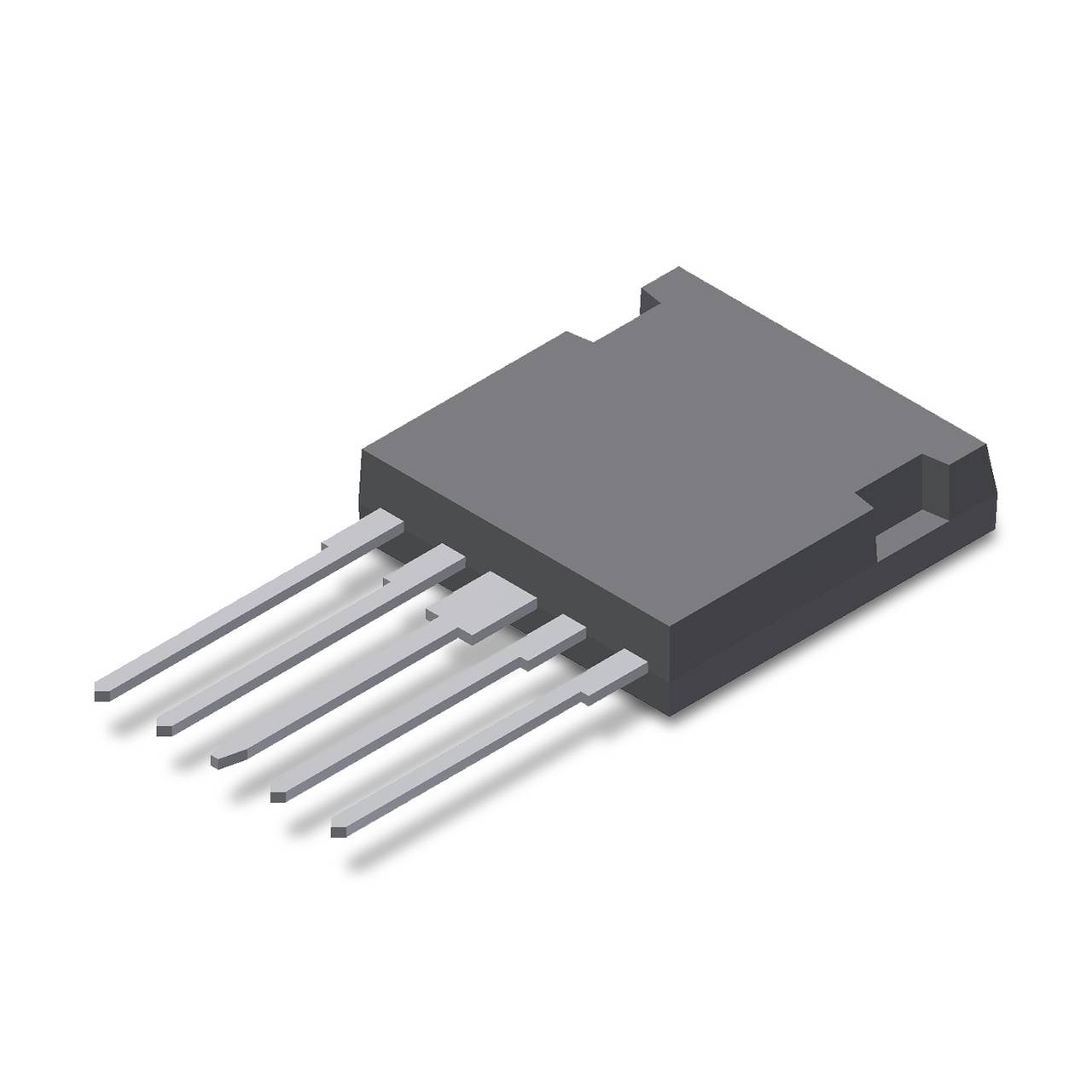 Ein elektronisches Bauteil mit fünf Metallbeinen auf der linken Seite und einem flachen, rechteckigen Körper rechts.
