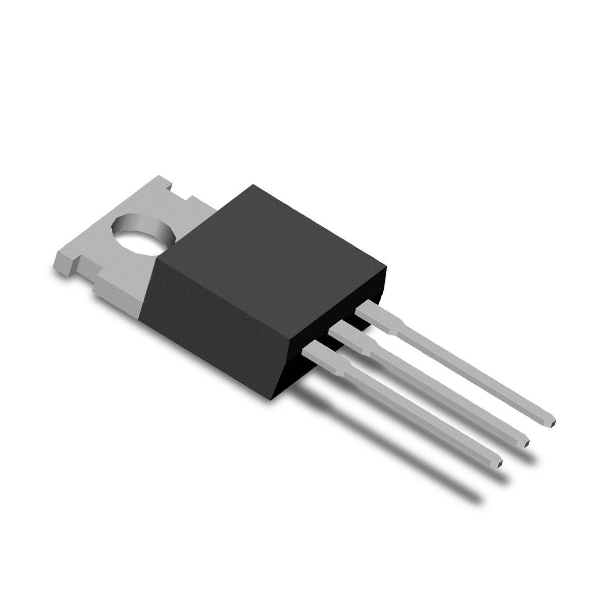 Dreibeiniger Transistor im TO-220-Gehäuse, typische Bauform in der Elektronik zur Leistungsverstärkung oder Regelung.
