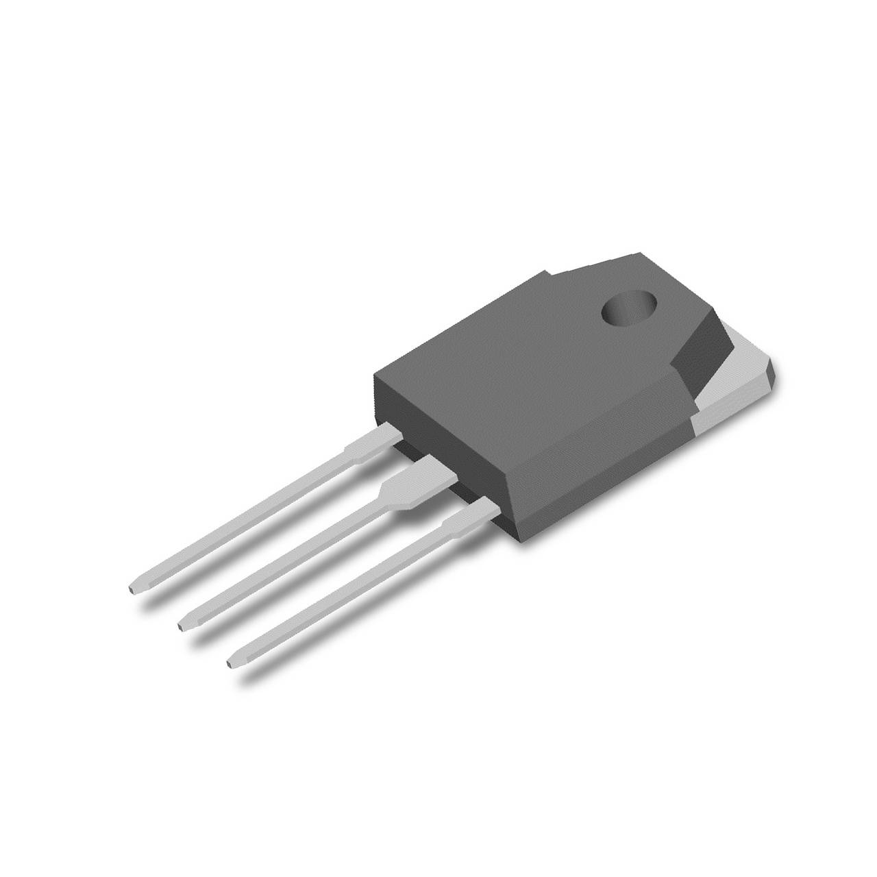 Ein dreibeiniger elektronischer Transistor mit schwarzem Gehäuse und metallischen Pins. Hauptsächlich in elektronischen Schaltungen verwendet.
