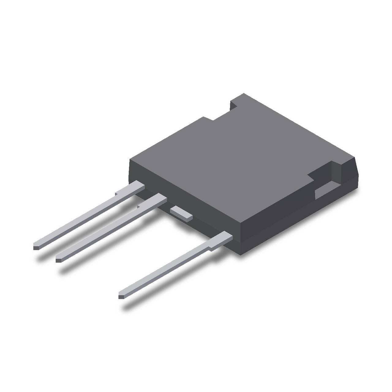 Dreibeiniges, rechteckiges elektronisches Bauteil (Transistor) mit metallischen Anschlüssen, verwendet in Schaltungen.