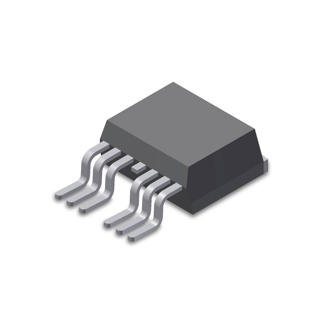 Ein Computerchip mit sechs gebogenen Anschlussdrähten. Der Chip ist schwarz und rechteckig und symbolisiert Elektronik.
