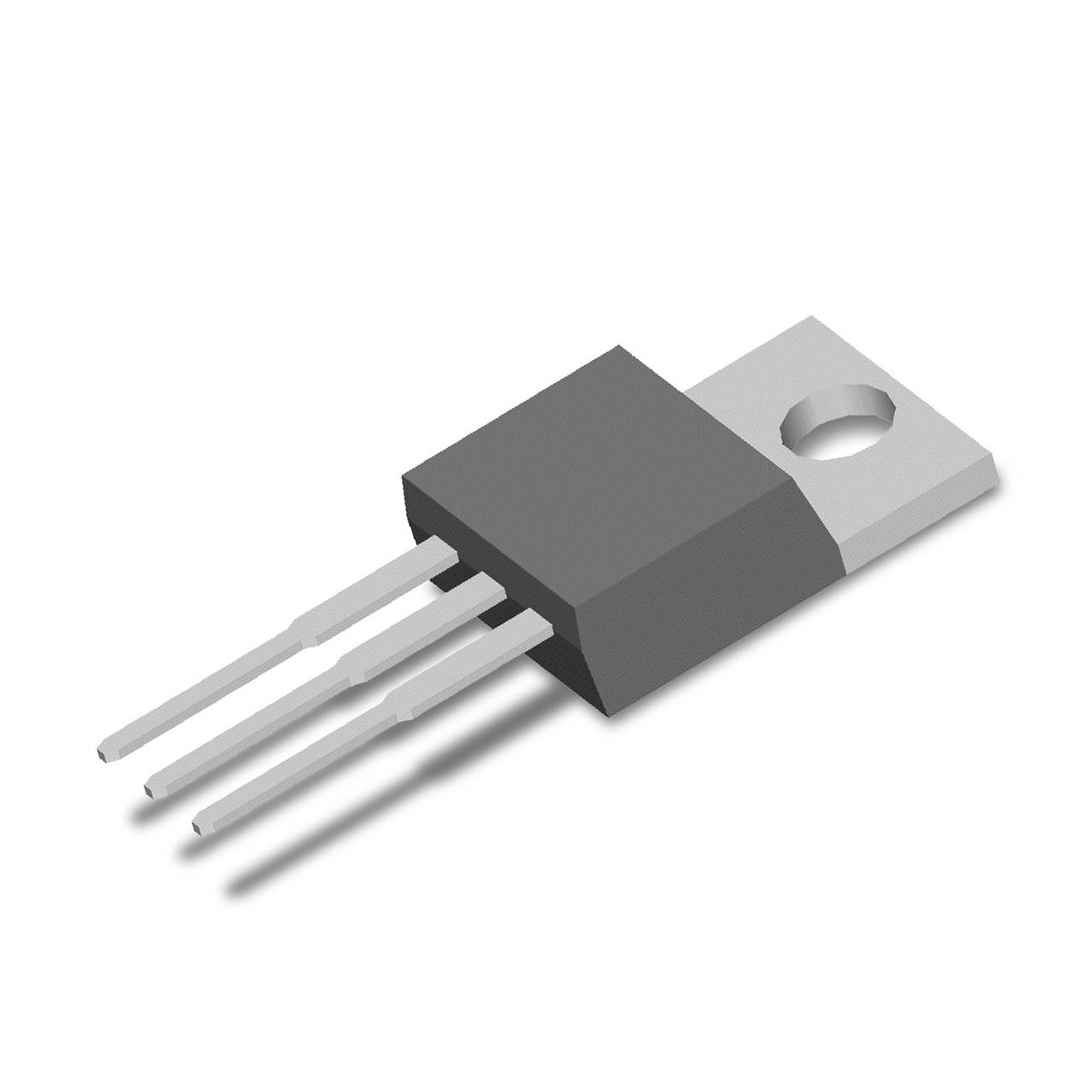 Ein Dreibein-Transistor im TO-220-Gehäuse, normalerweise verwendet in elektronischen Schaltungen zur Spannungsregelung.