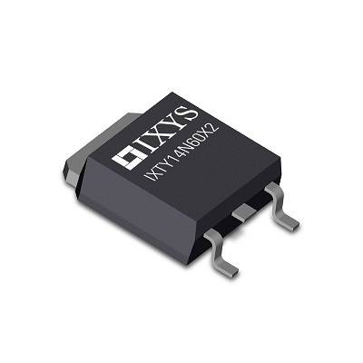 Schwarzer Halbleiterchip mit der Aufschrift 'IXYS IXTY14N60X2'. Der Chip hat drei silberne Anschlüsse an einer Seite.