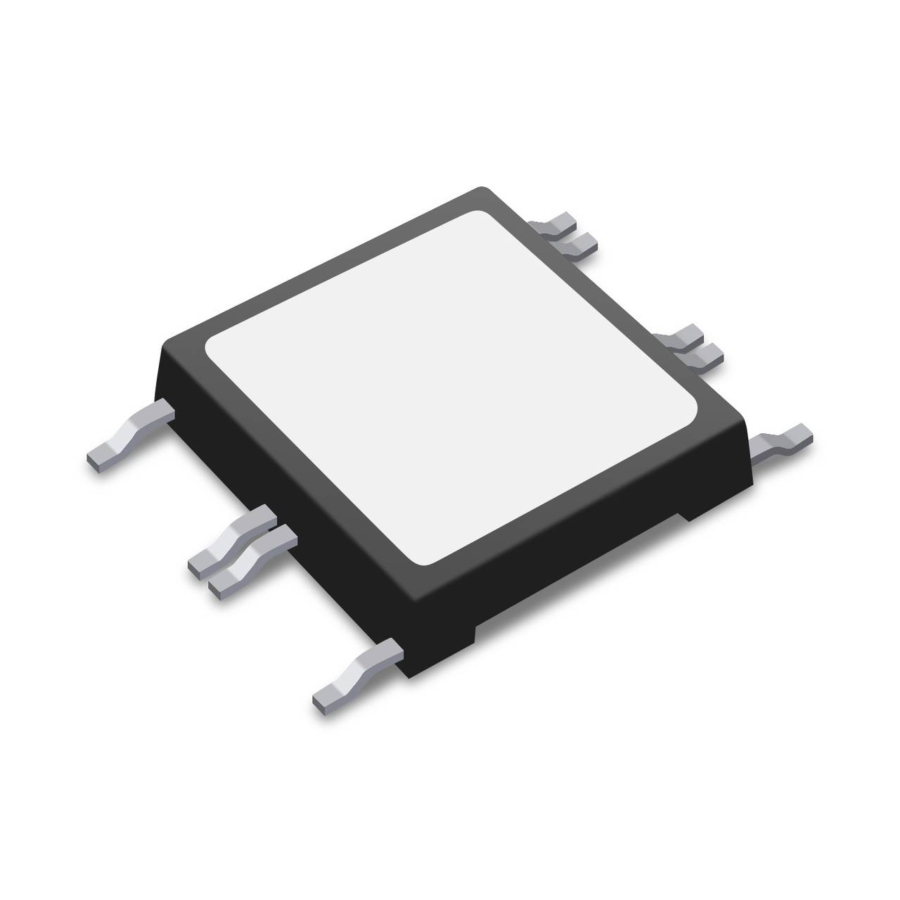 Ein schwarzer rechteckiger Mikrochip mit mehreren Metallanschlüssen an den Seiten.