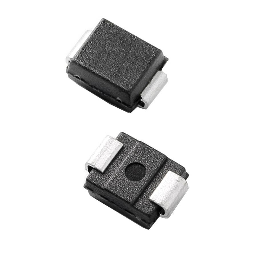 Zwei schwarze elektronische Bauteile mit Metallanschlüssen, rechteckige Form, möglicherweise Dioden oder Transistoren.