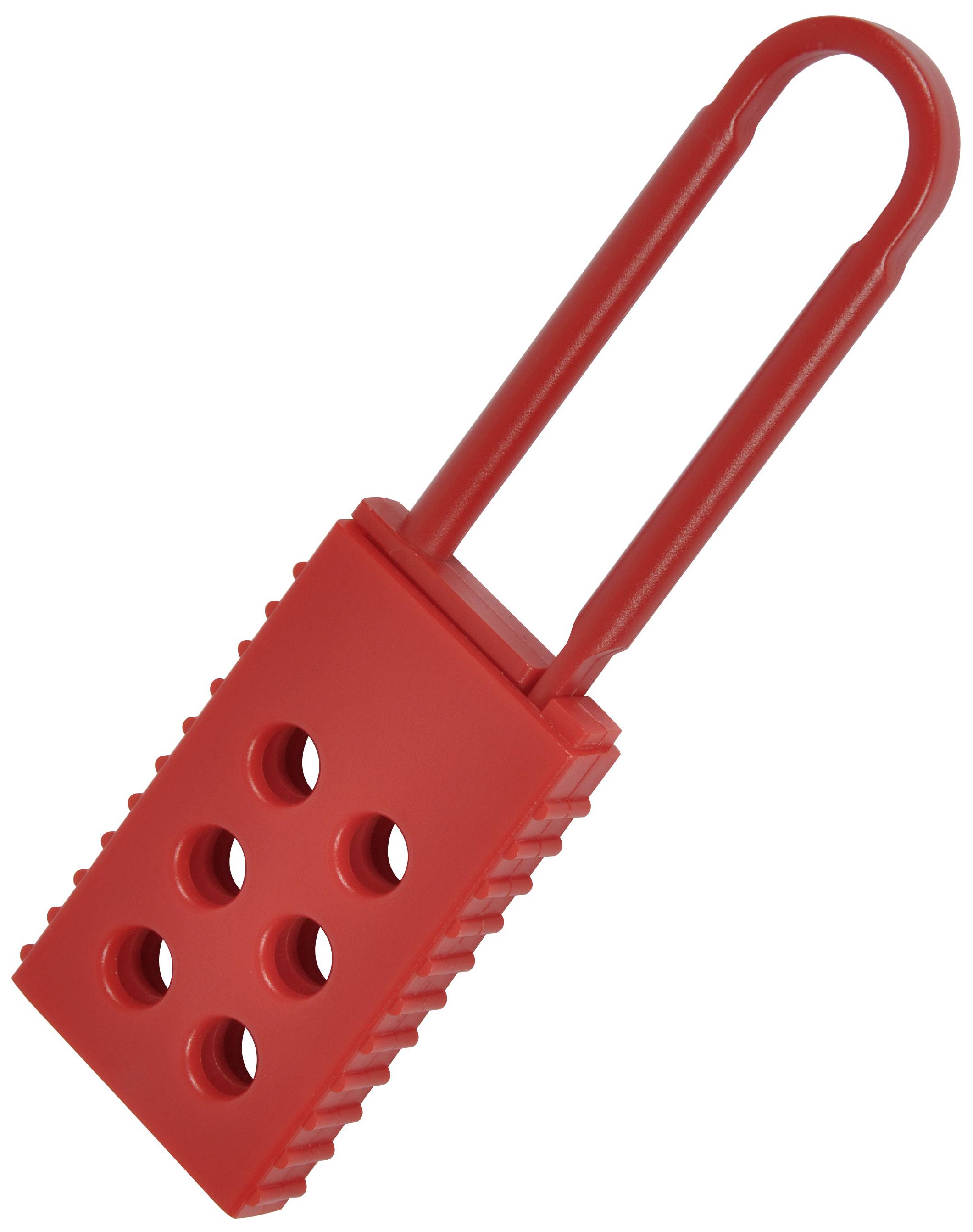 Ein rotes Vorhängeschloss mit einem Reifendesign und sechs runden Löchern im Gehäuse, dient als Sicherheitsgerät.