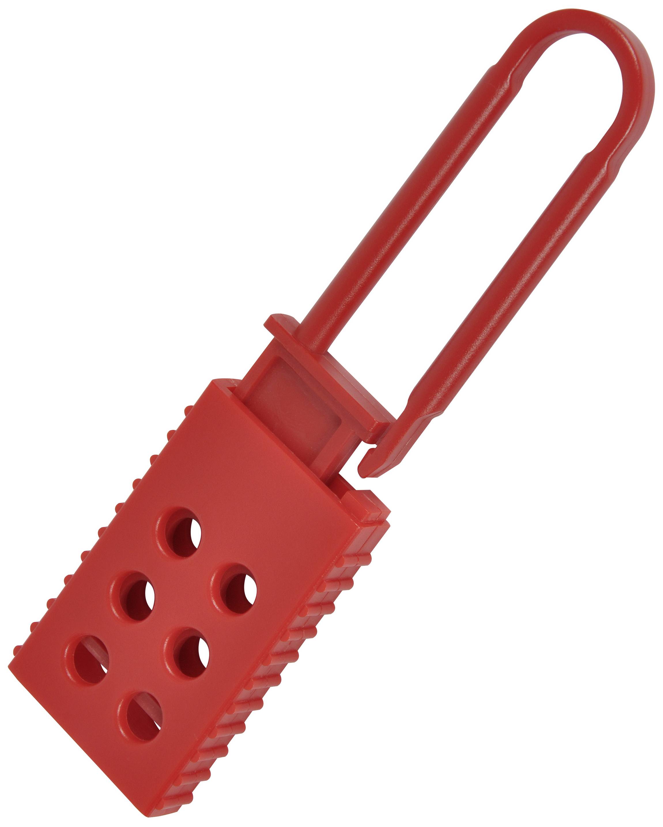 Ein rotes Vorhängeschloss aus Kunststoff mit mehreren runden Löchern und einer langen Bügelkonstruktion.