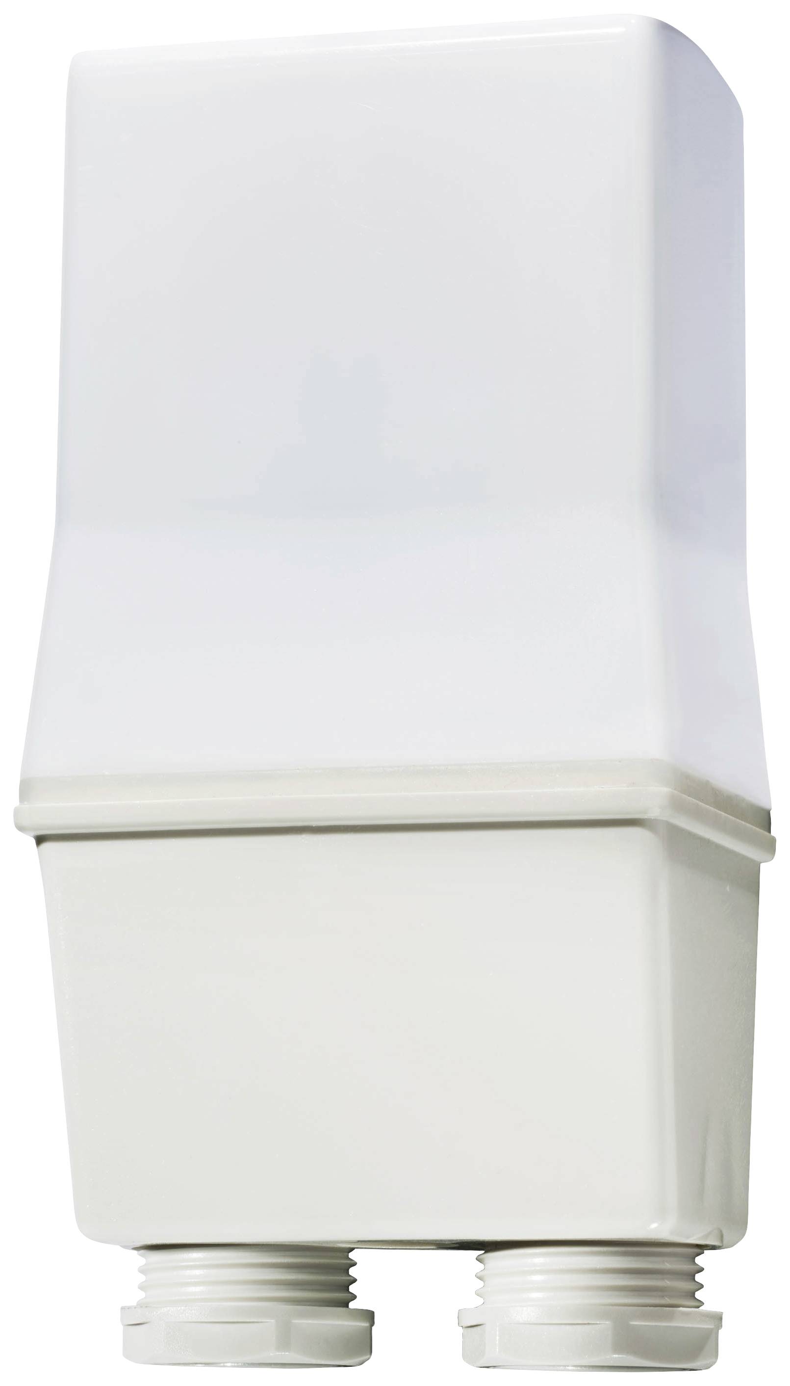 Ein weißes, rechteckiges Gehäuse mit zwei Kabelanschlüssen an der Unterseite, vermutlich für eine elektrische Installation.