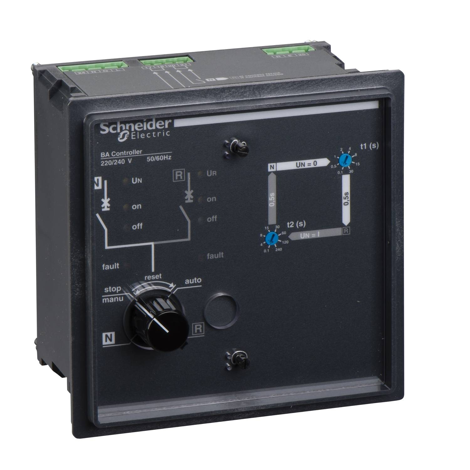 'Schneider Electric BA Controller' mit Anzeigen für Spannung, Frequenz und Schalterpositionen. Enthält Bedienelemente für Einstellungen.