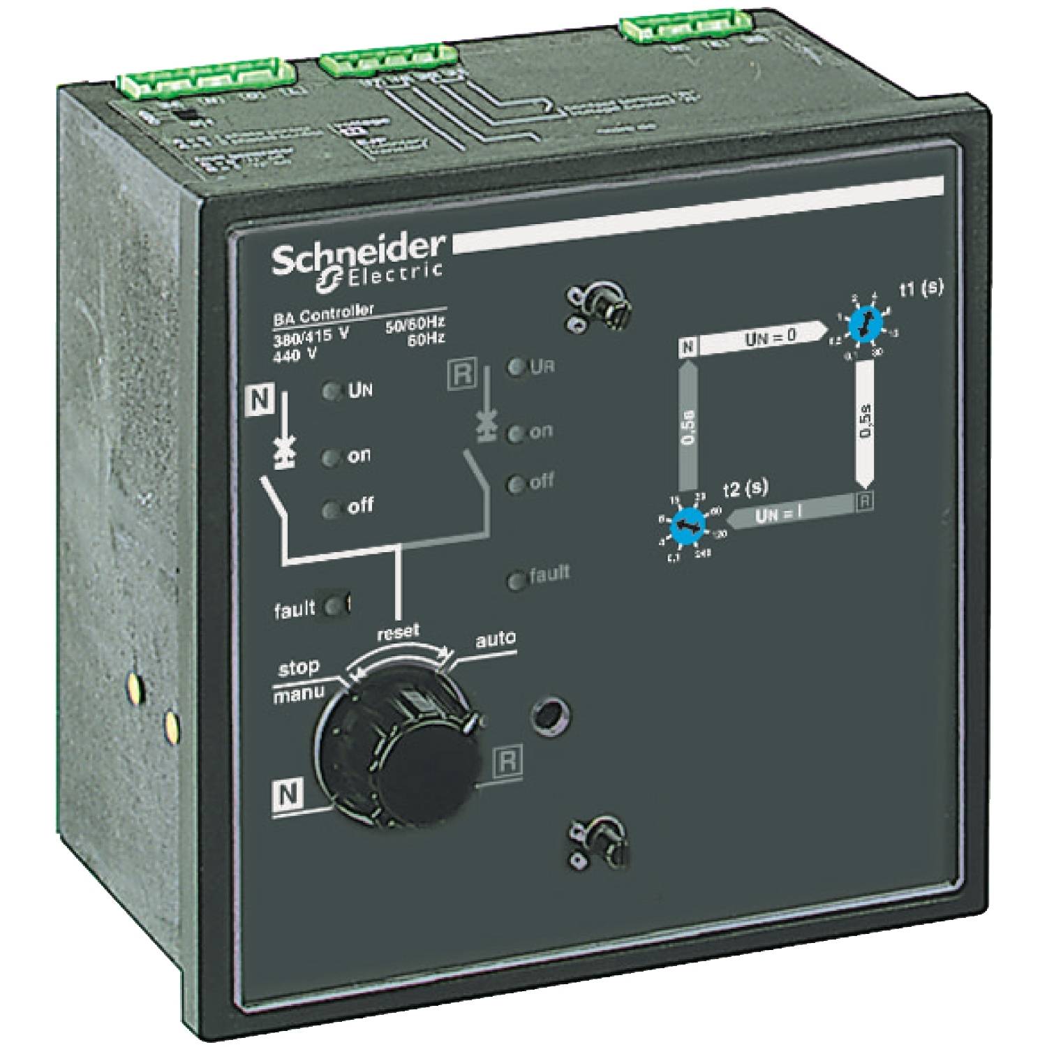 Ein elektrischer BA-Controller von Schneider Electric mit Schaltkreisdiagramm und Reglern für Steuerung und Anpassung der Spannungseinstellungen.