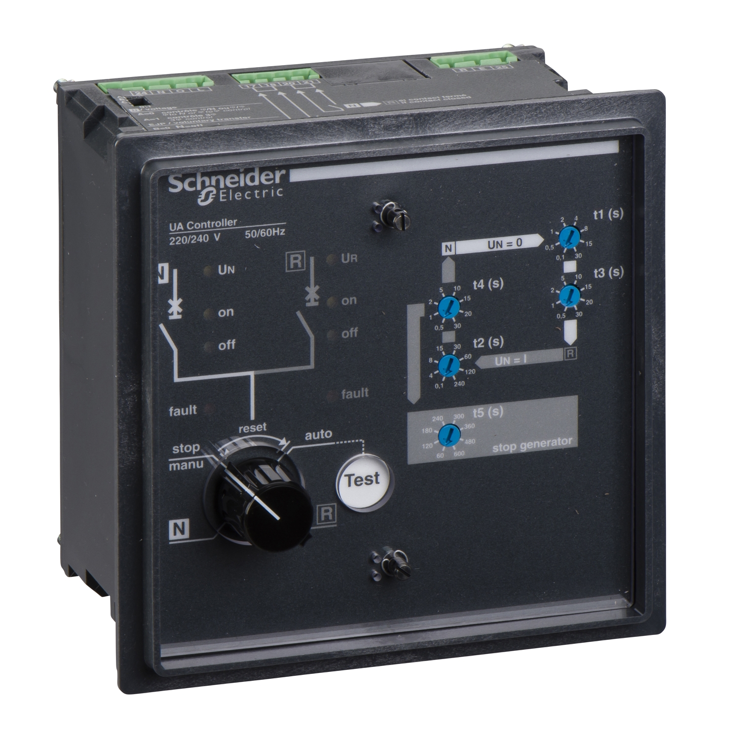 Elektrischer Steuerungsregler von Schneider Electric mit Bedienknöpfen und Schalter, beschriftet mit 'stop', 'reset', 'manu', 'auto'.