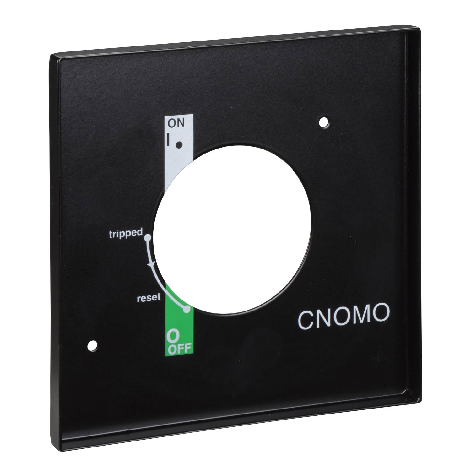 'CNOMO'-Platte mit Schalterpositionen 'On' und 'Off', Markierungen für 'tripped' und 'reset'. Mittiges Loch für Drehknopf.