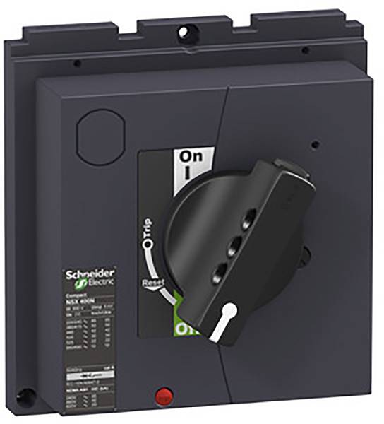 Ein schwarzer Leistungsschalter mit Schalterpositionen 'On', 'Off' und 'Trip'. Herstellername 'Schneider Electric' unten links.