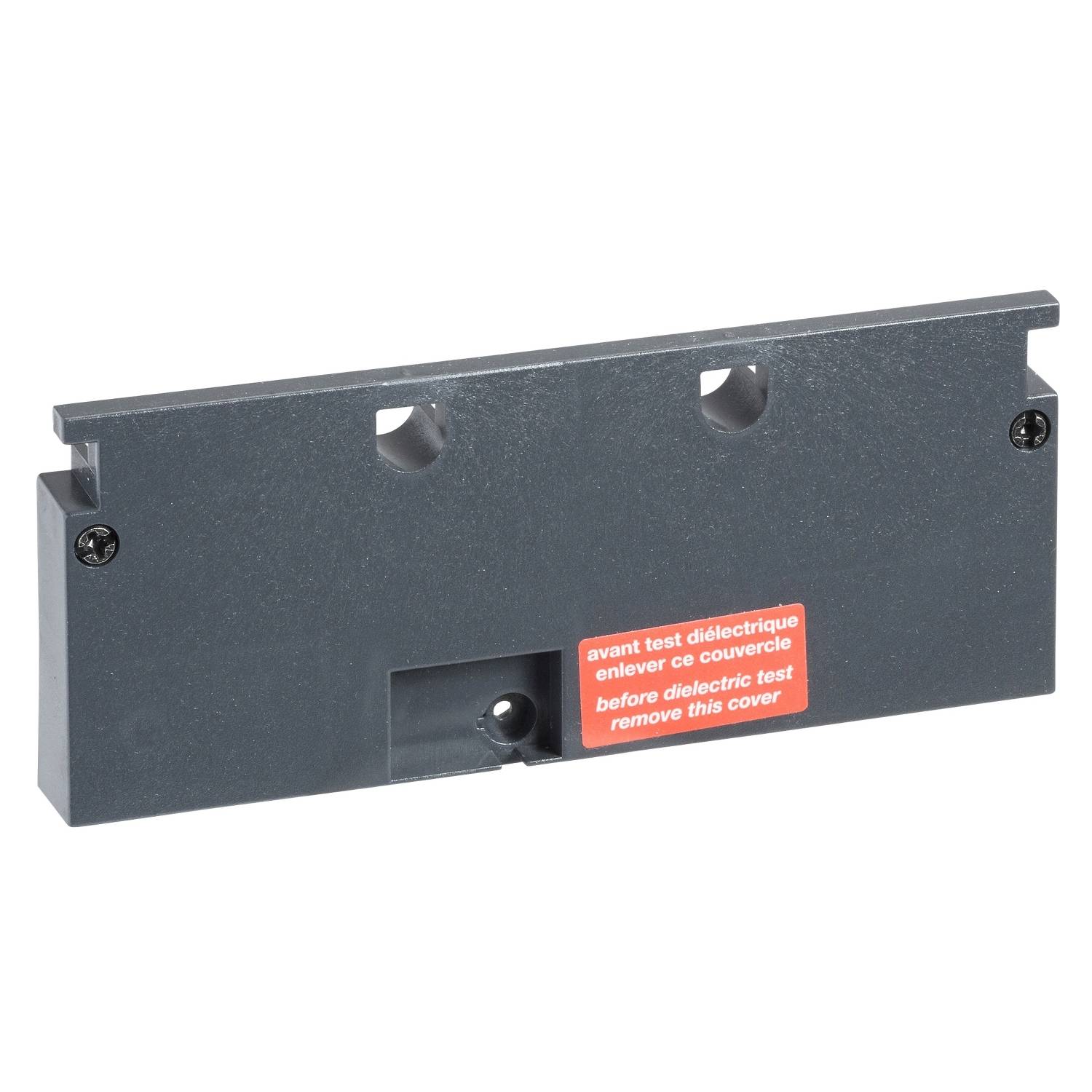 Graue Abdeckung mit zwei Schraubenlöchern und Aufkleber 'before dielectric test remove this cover'.