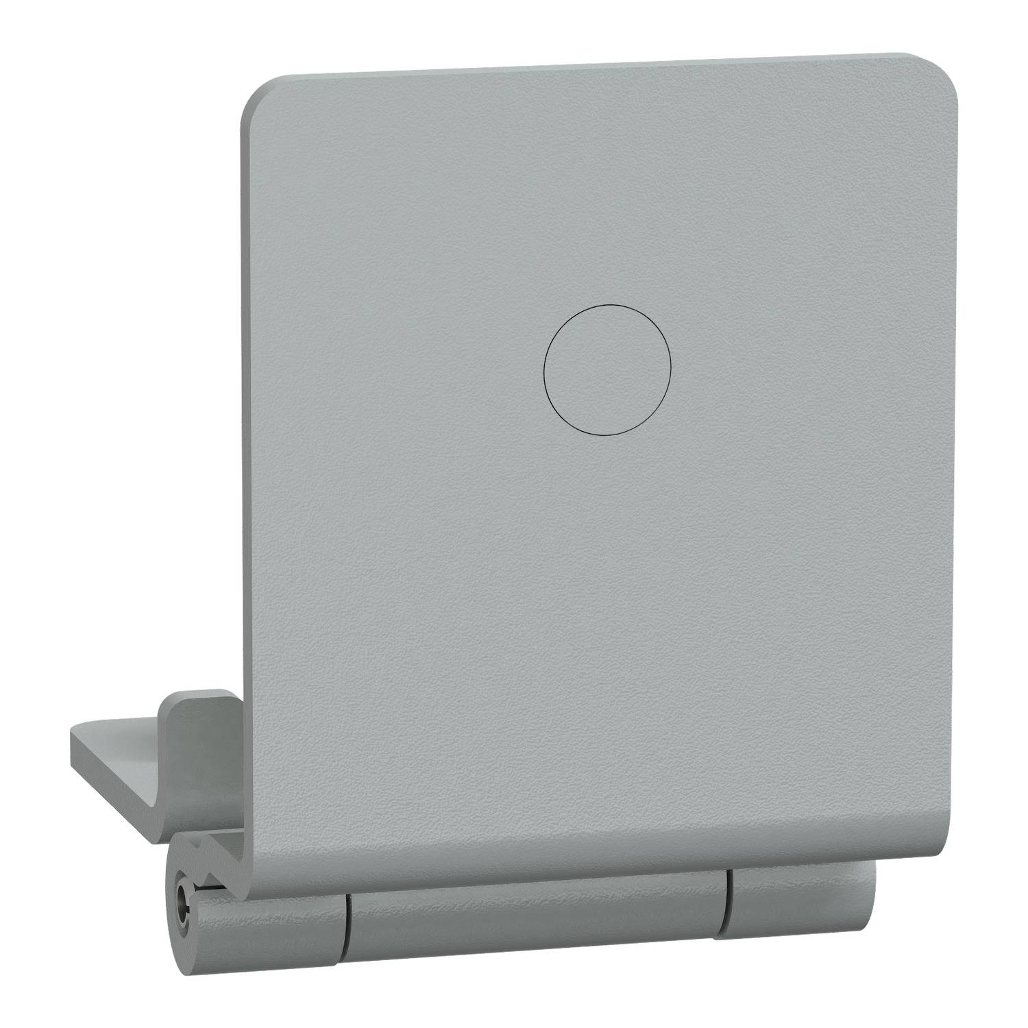 Ein rechteckiges, graues Wand-Accessoire mit abgerundeten Kanten, das an einer Klapphalterung befestigt ist.