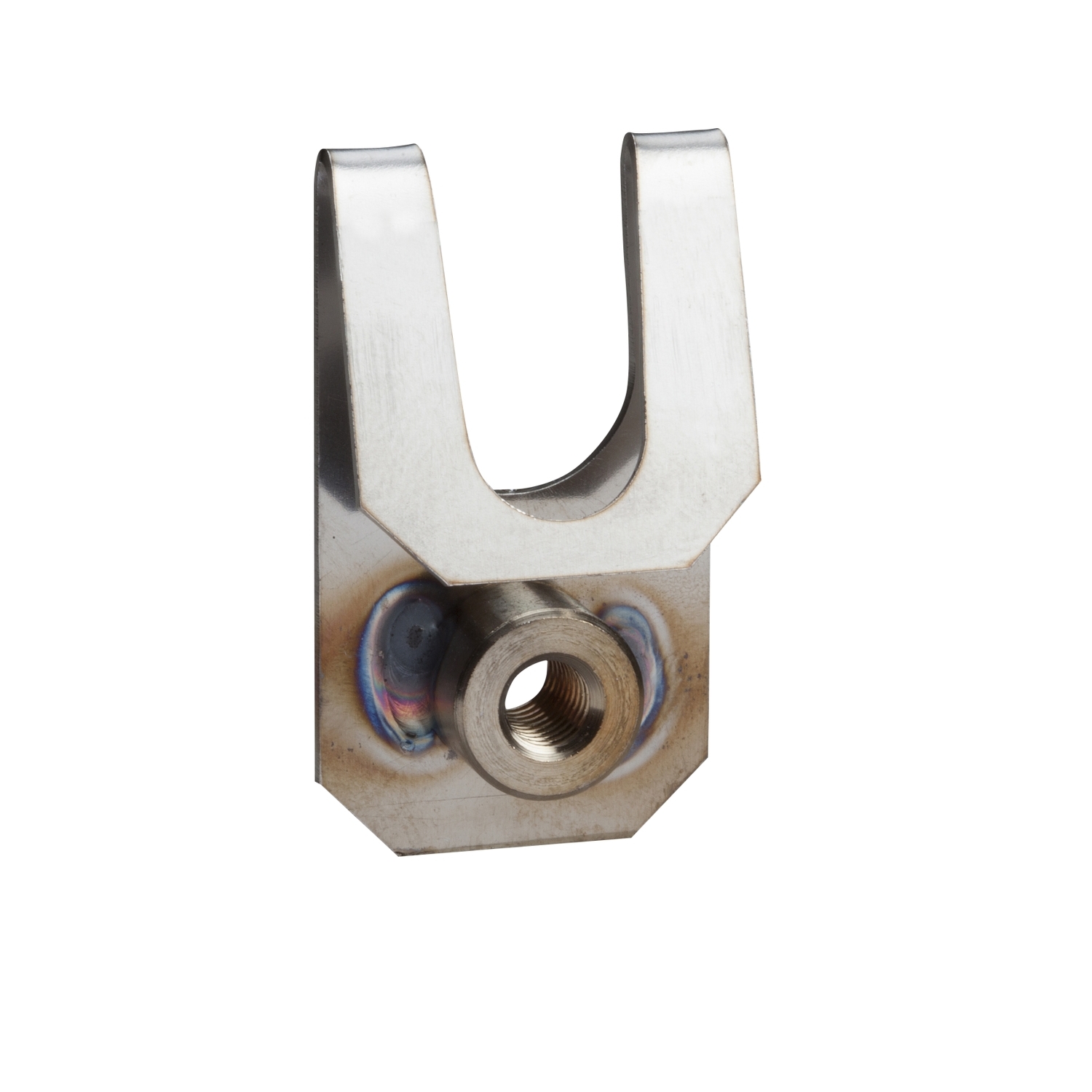 Metallische Halterung mit U-förmiger Öffnung und zentraler Schraubenaufnahme in der Mitte, zeigt Spuren von Schweißnähten.