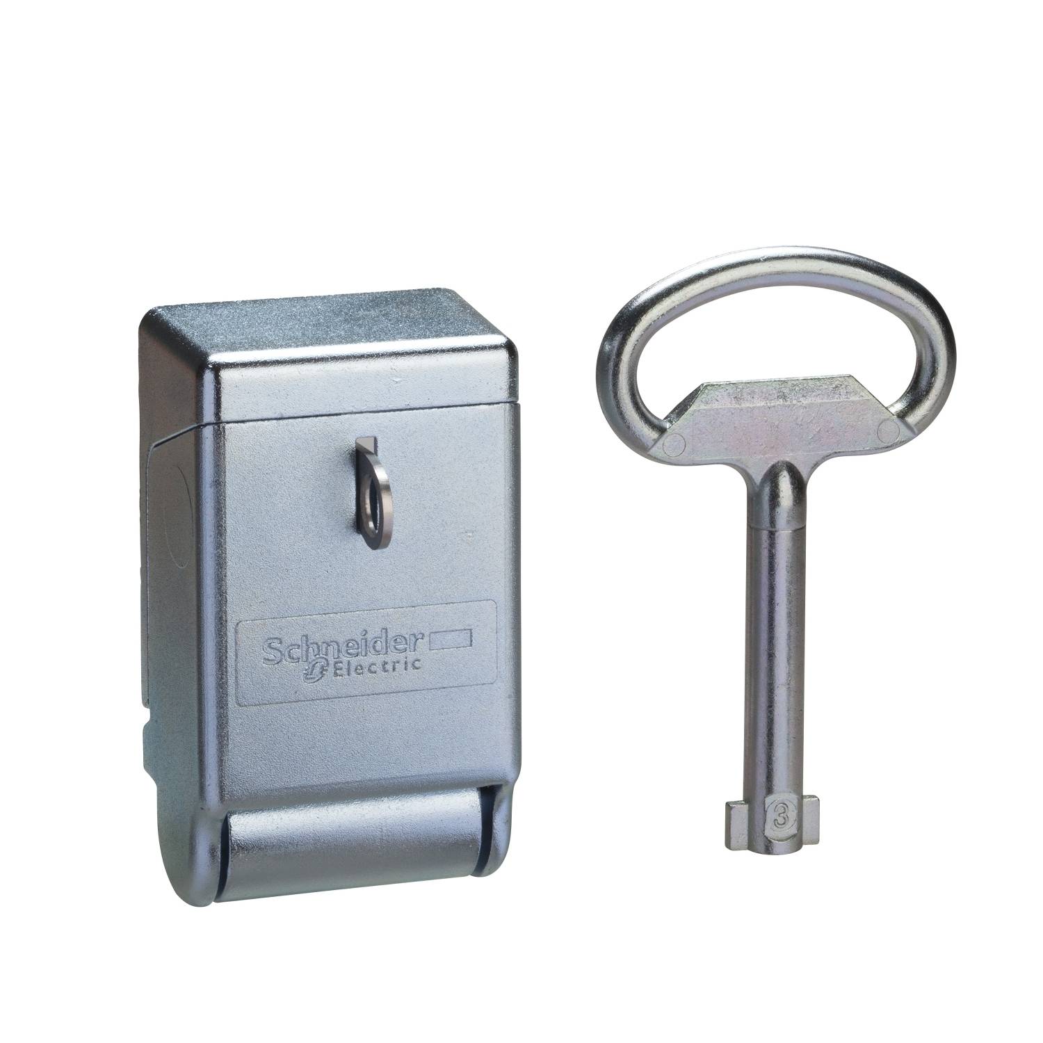 Ein silberfarbener, rechteckiger Kasten mit Aufschrift 'Schneider Electric', daneben ein passender Schlüssel mit rundem Griff.