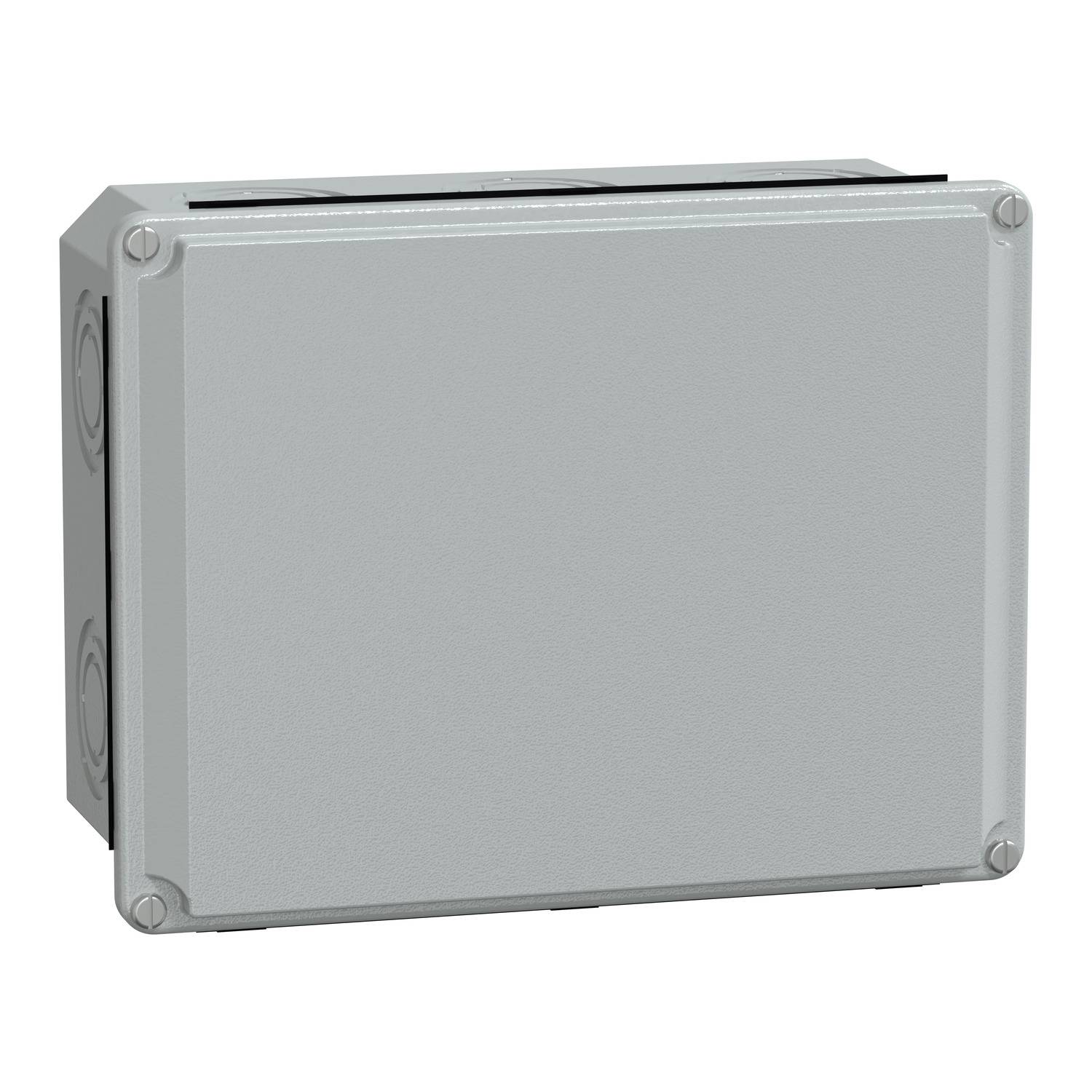 Ein rechteckiger, grauer Elektrokasten mit abgerundeten Ecken und Schraubverschlüssen an den Ecken, für Schutz von Elektrokomponenten.