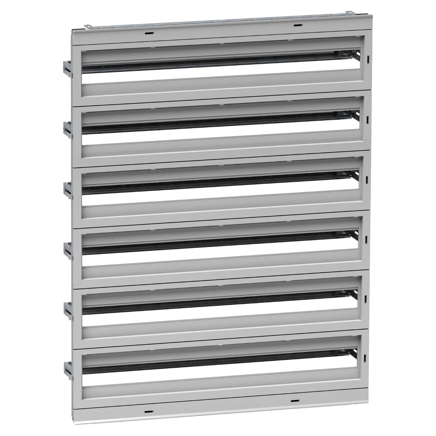 Lüftungsgitter mit mehreren horizontalen Lamellen zur Luftregulierung, silberfarbene Metallkonstruktion.