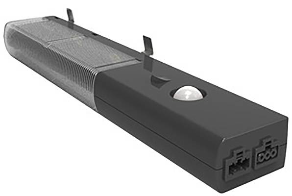 Ein rechteckiges, schwarzes Gerät mit Sensor und zwei Steckverbindungen. Möglicherweise ein technisches Modul oder Werkzeug.