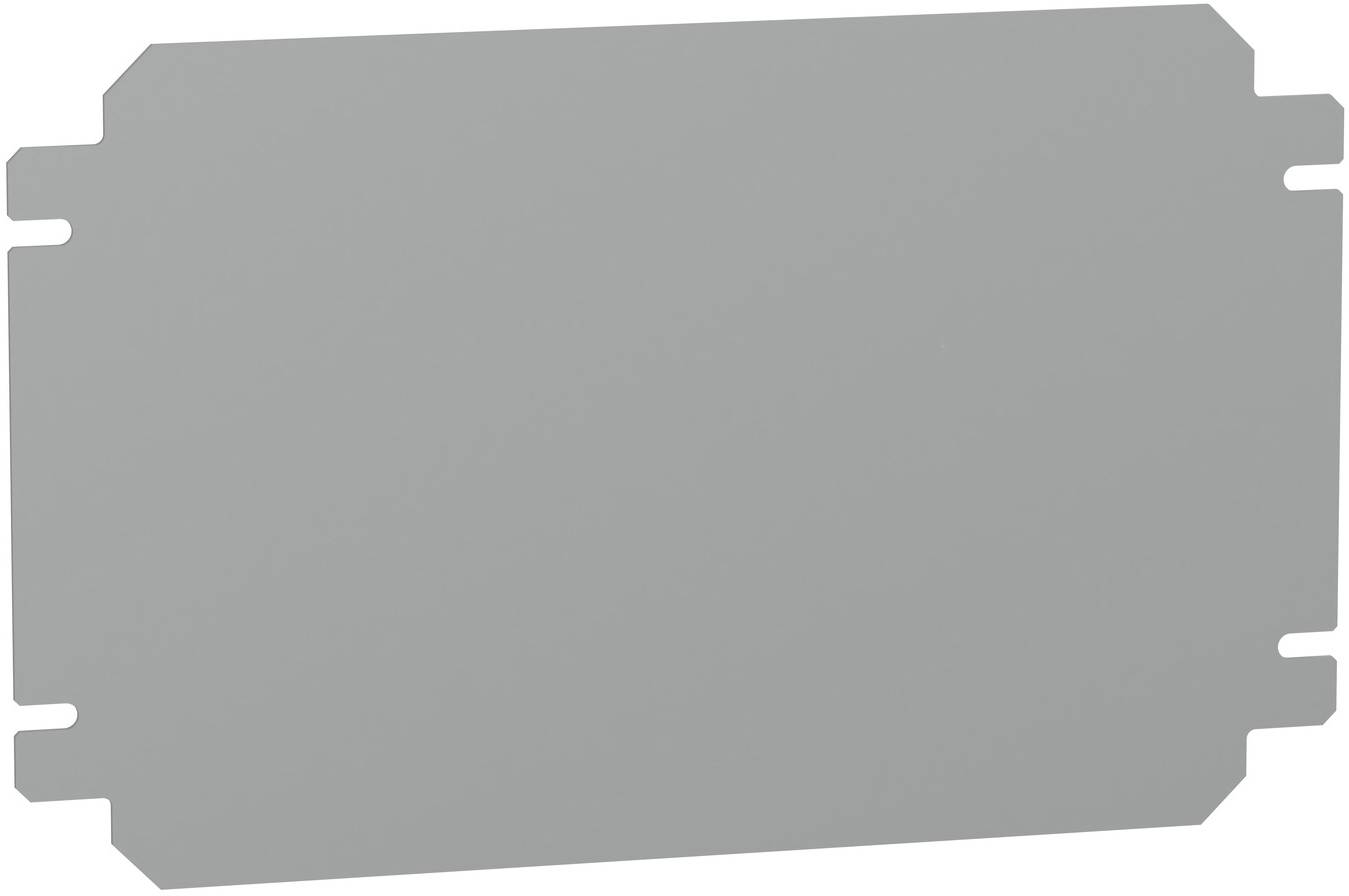 Graue, rechteckige Metallplatte mit kleinen Aussparungen an den Ecken.